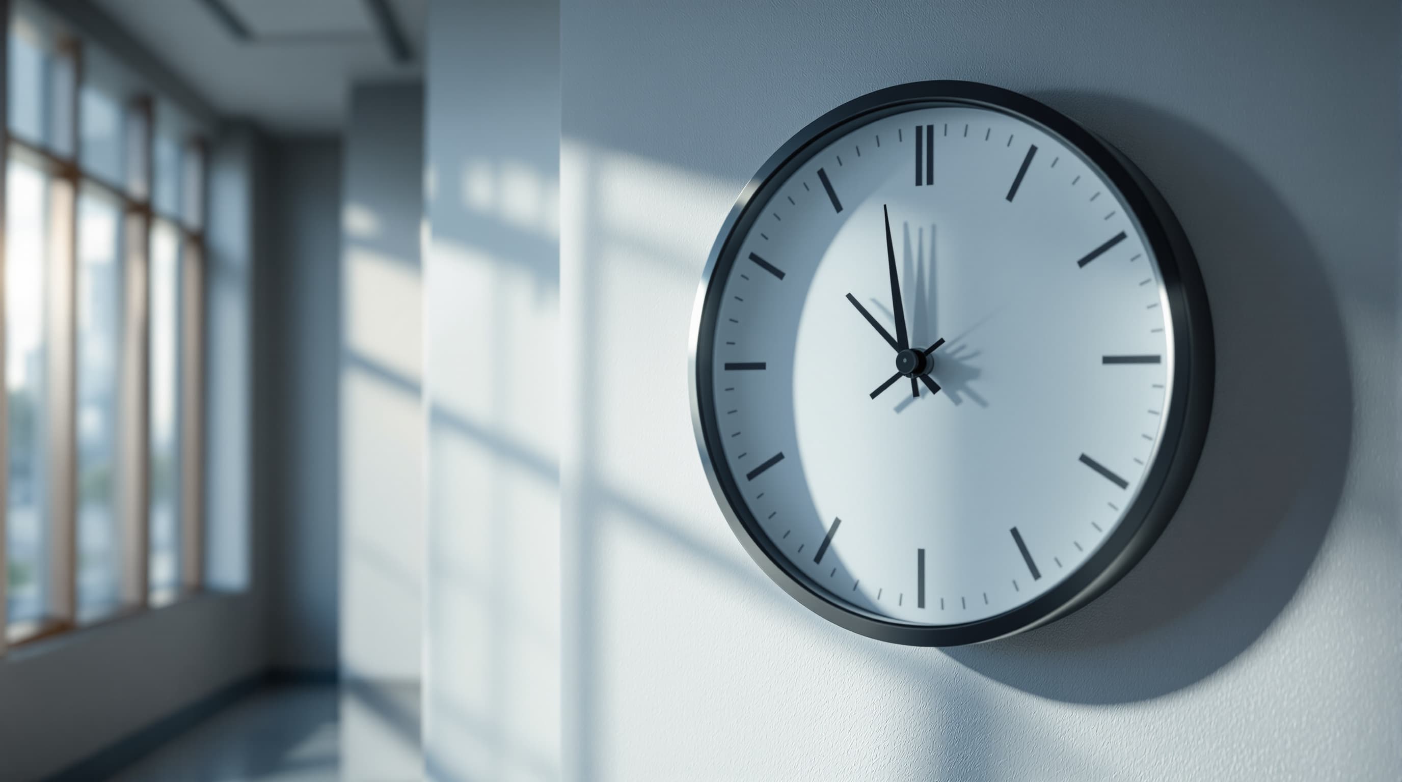 Runde Wanduhr in einem hellen Büro, im Hintergrund eine Fensterfront