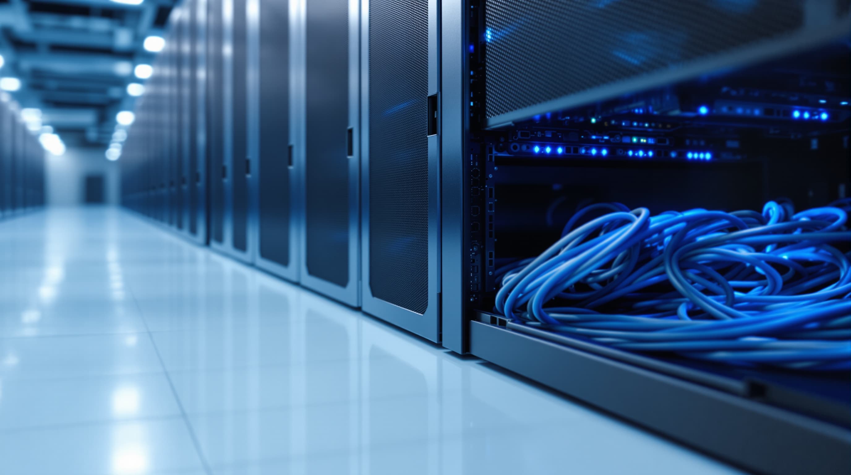 An aisle between server cabinets in a data centre, blue network cables in the foreground