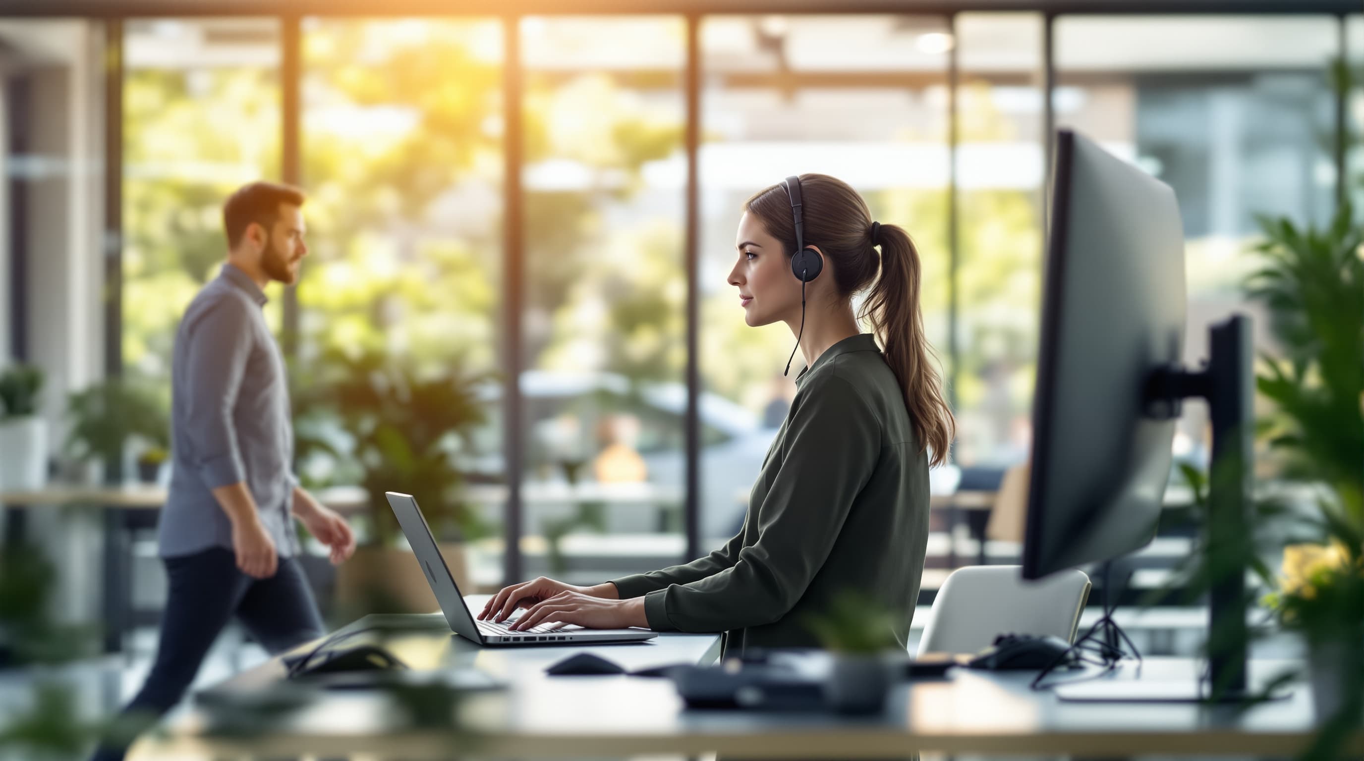 Person mit Headset arbeitet im Stehen am Laptop in einem hellen modernen Büro