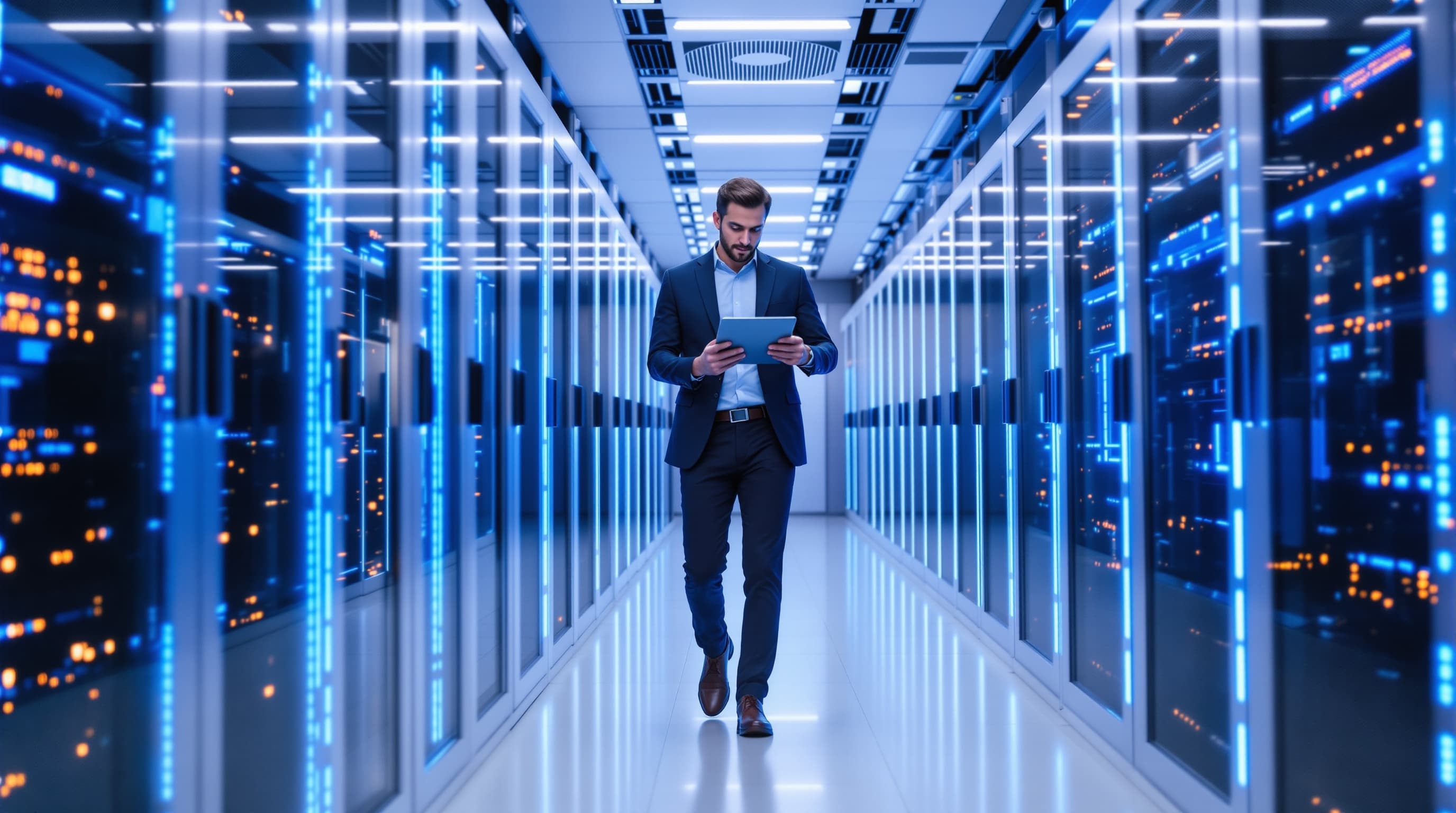 IT-Ingenieur im modernen Rechenzentrum mit Server-Racks