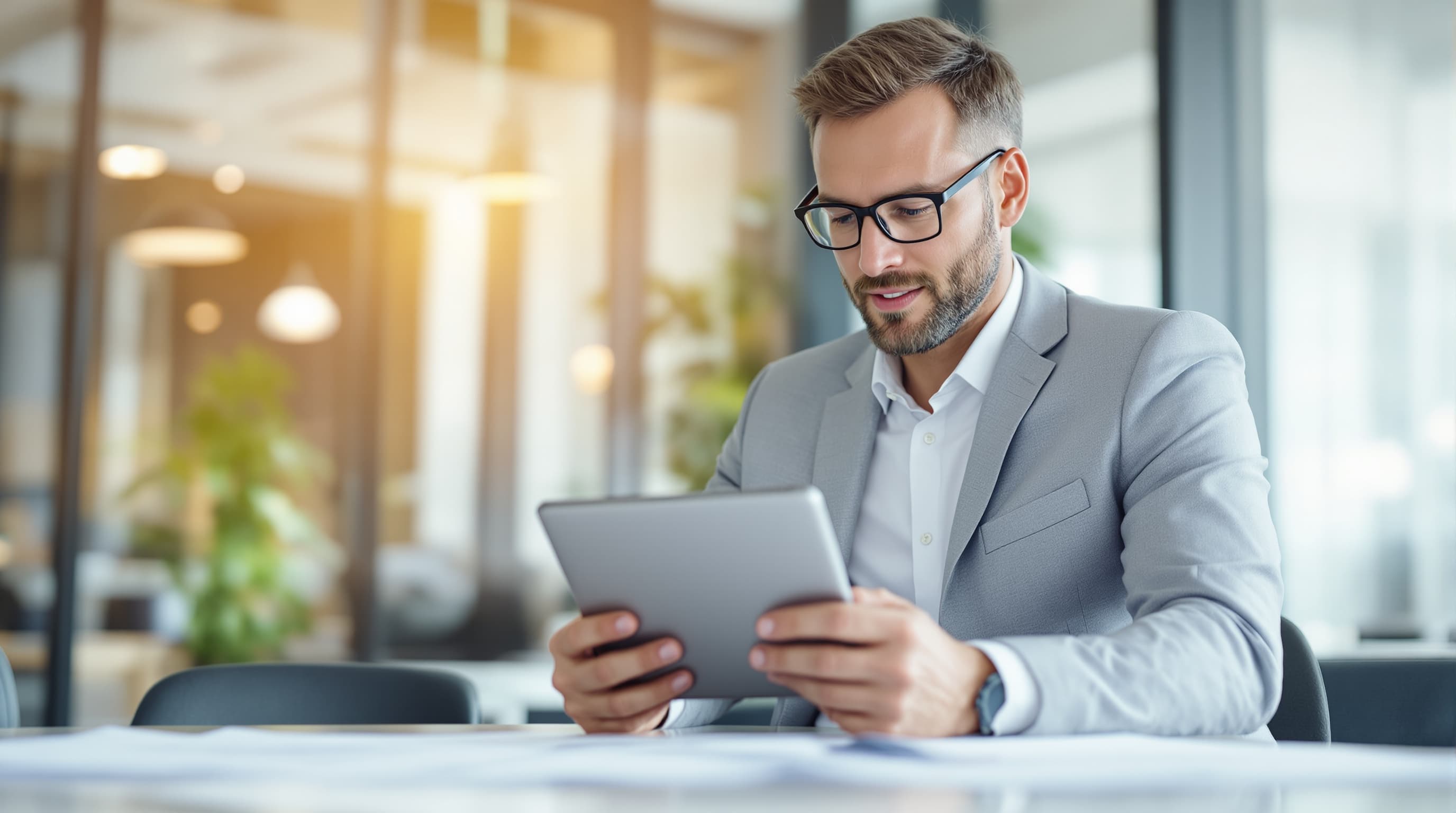 Fachkraft prüft eine Compliance-Checkliste am Tablet im Besprechungsraum