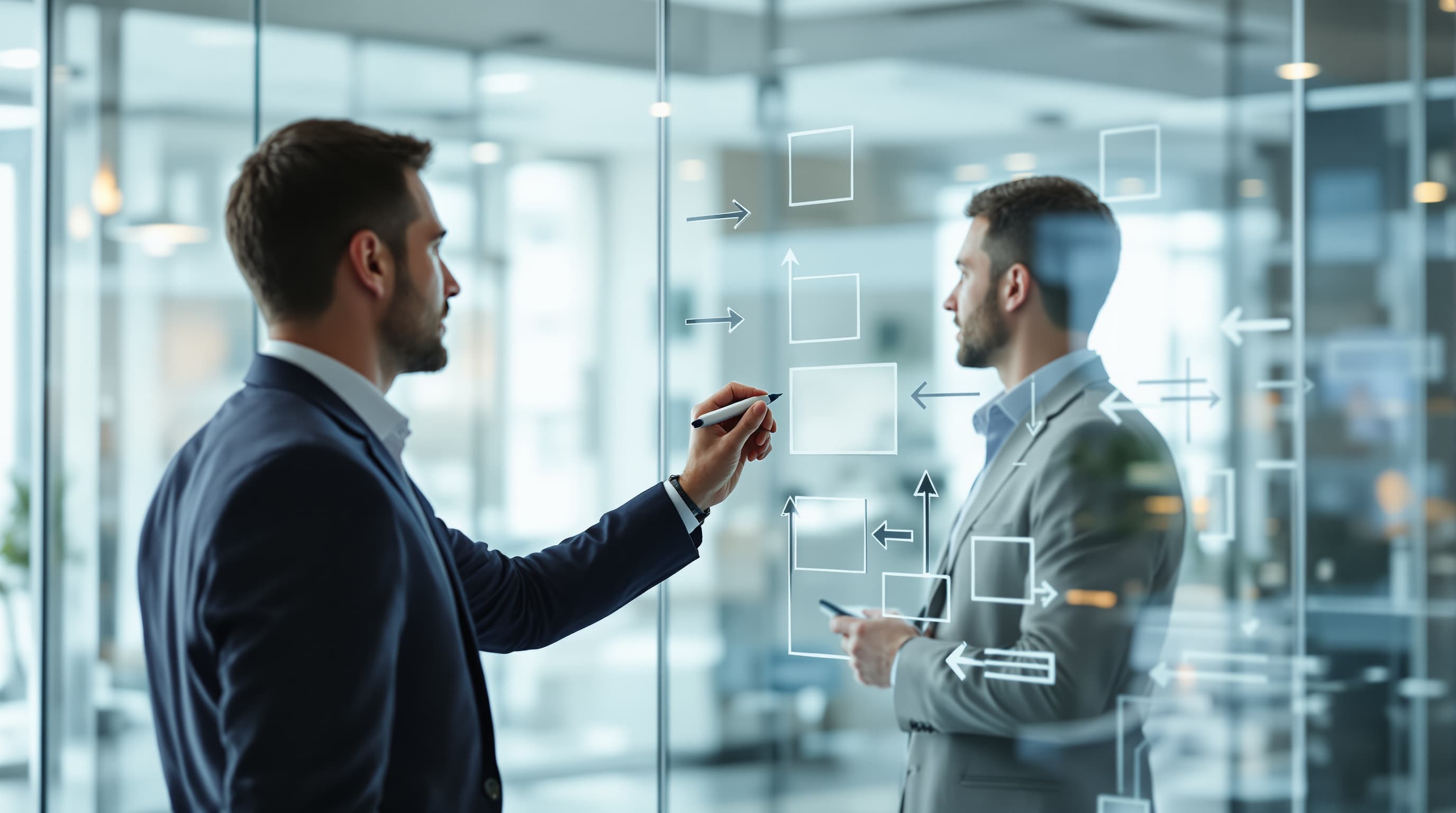 Zwei Beratende entwickeln eine Strategie an der Glaswand