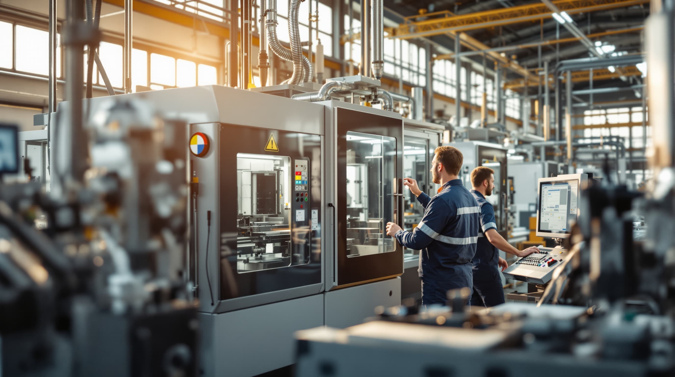 Fertigungsmaschine mit Steuerterminal in einer hellen Produktionshalle, zwei Personen an der Bedienung