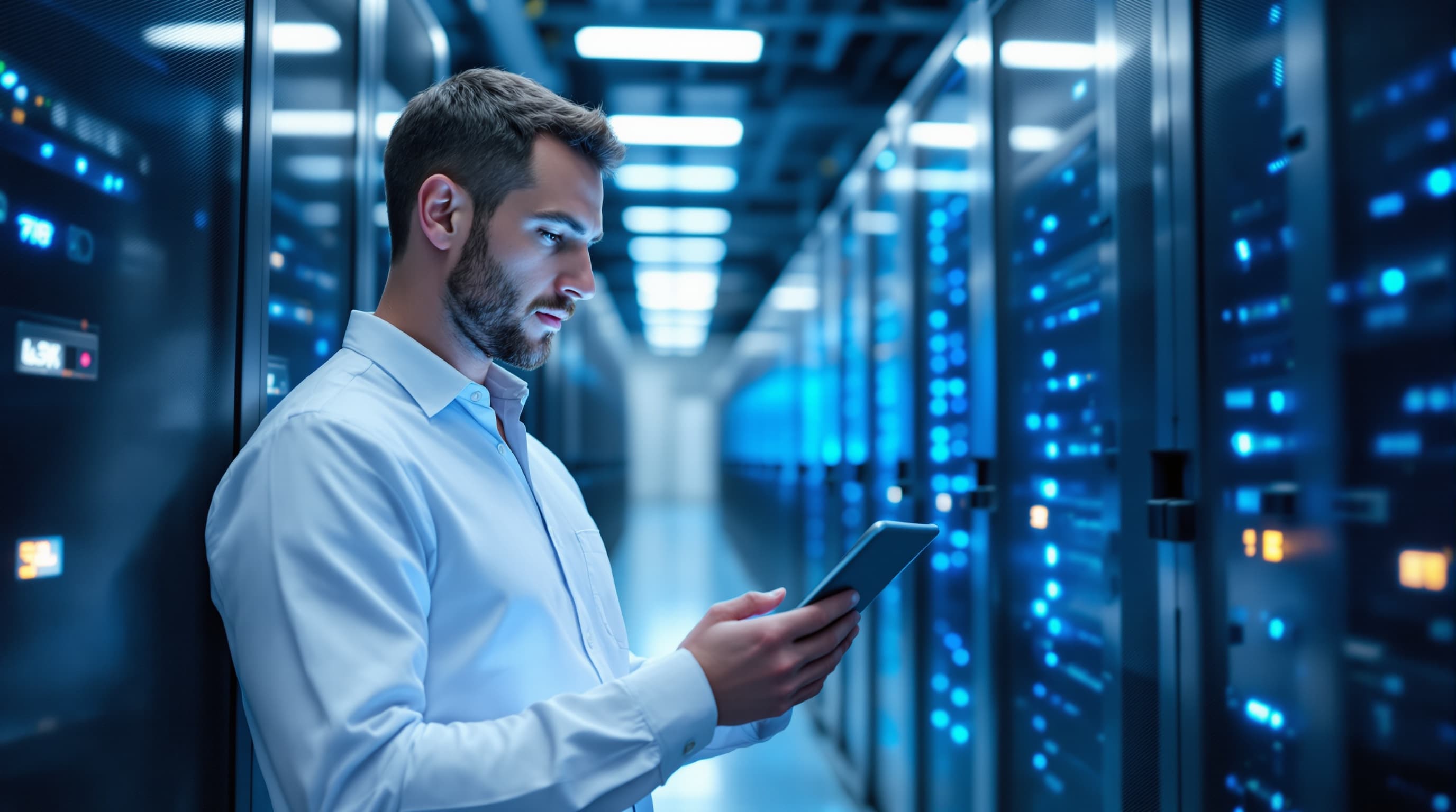 An IT engineer checking storage systems in the data centre