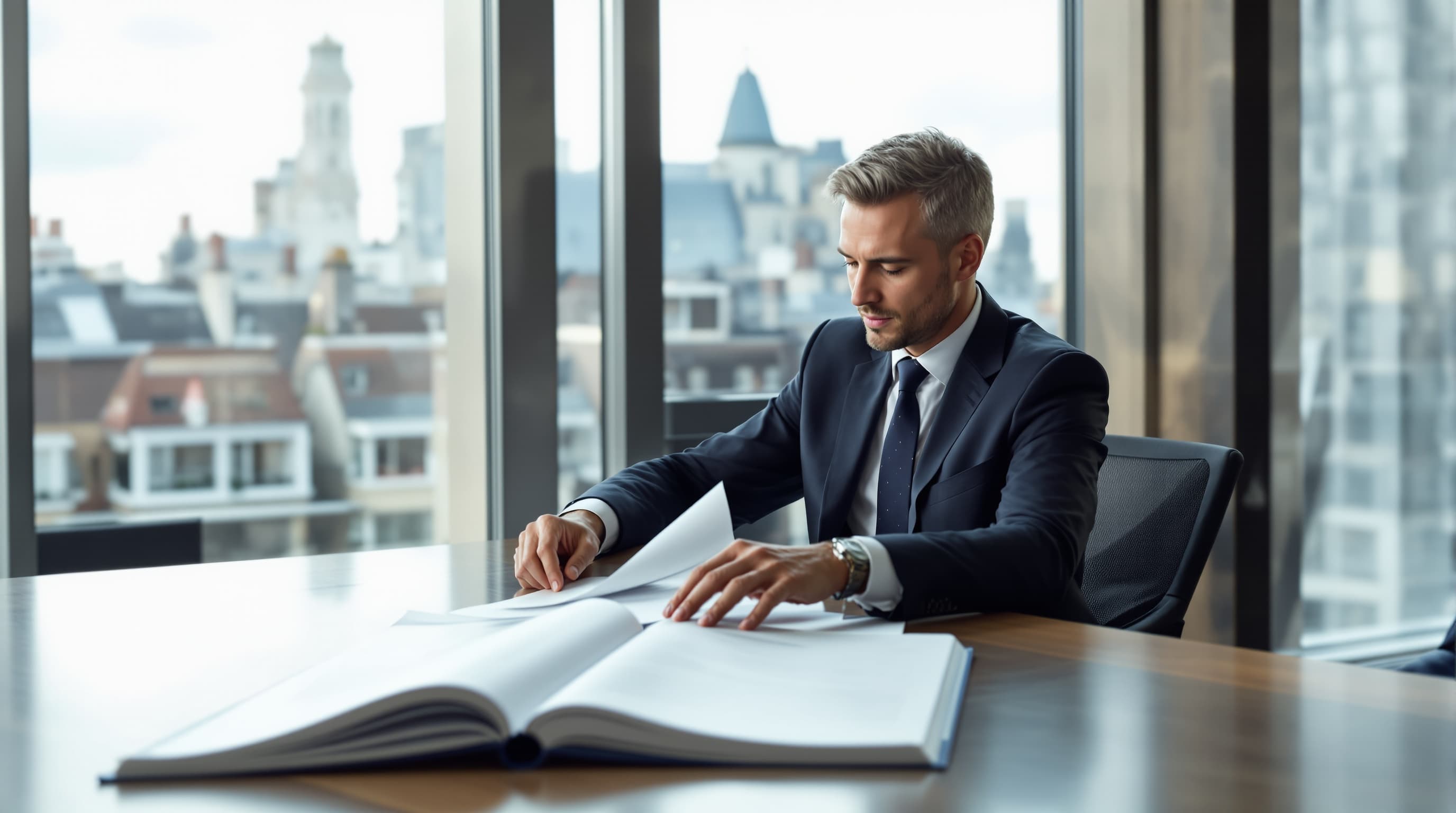 A specialist reviewing a bound report in a meeting room