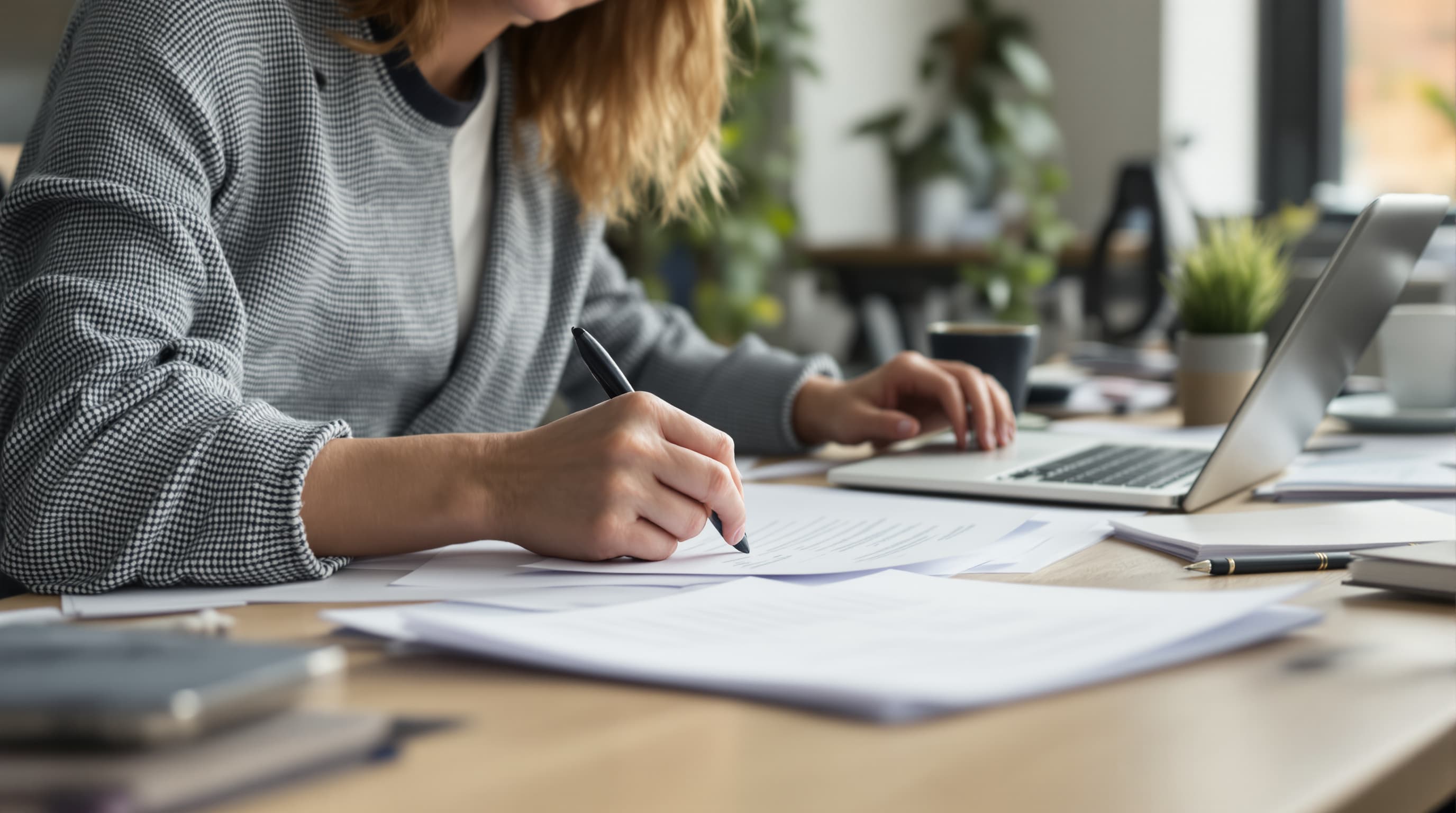 A person at a desk checking invoice documents next to a laptop