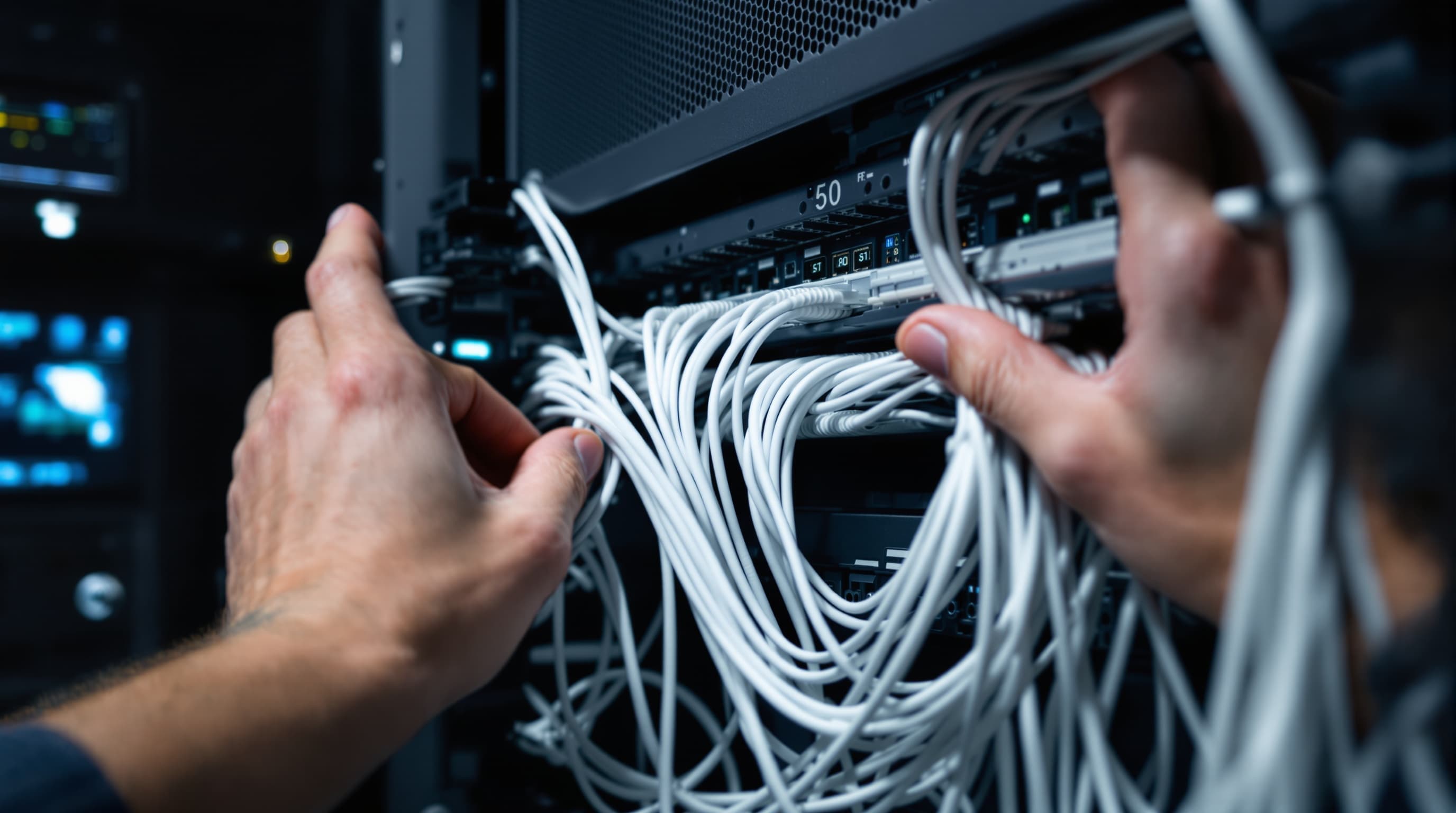 Technikerhände verkabeln einen Server für eigene KI-Modelle im Rack