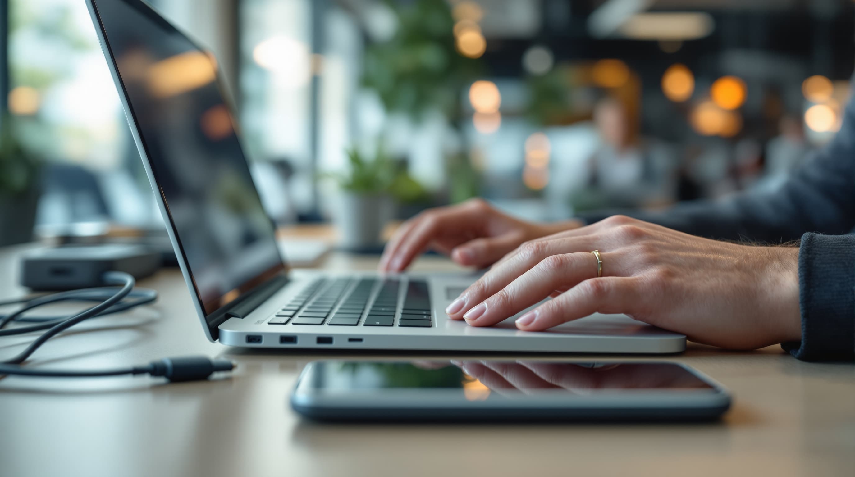 Notebook, Smartphone und Dockingstation am Arbeitsplatz im Großraumbüro