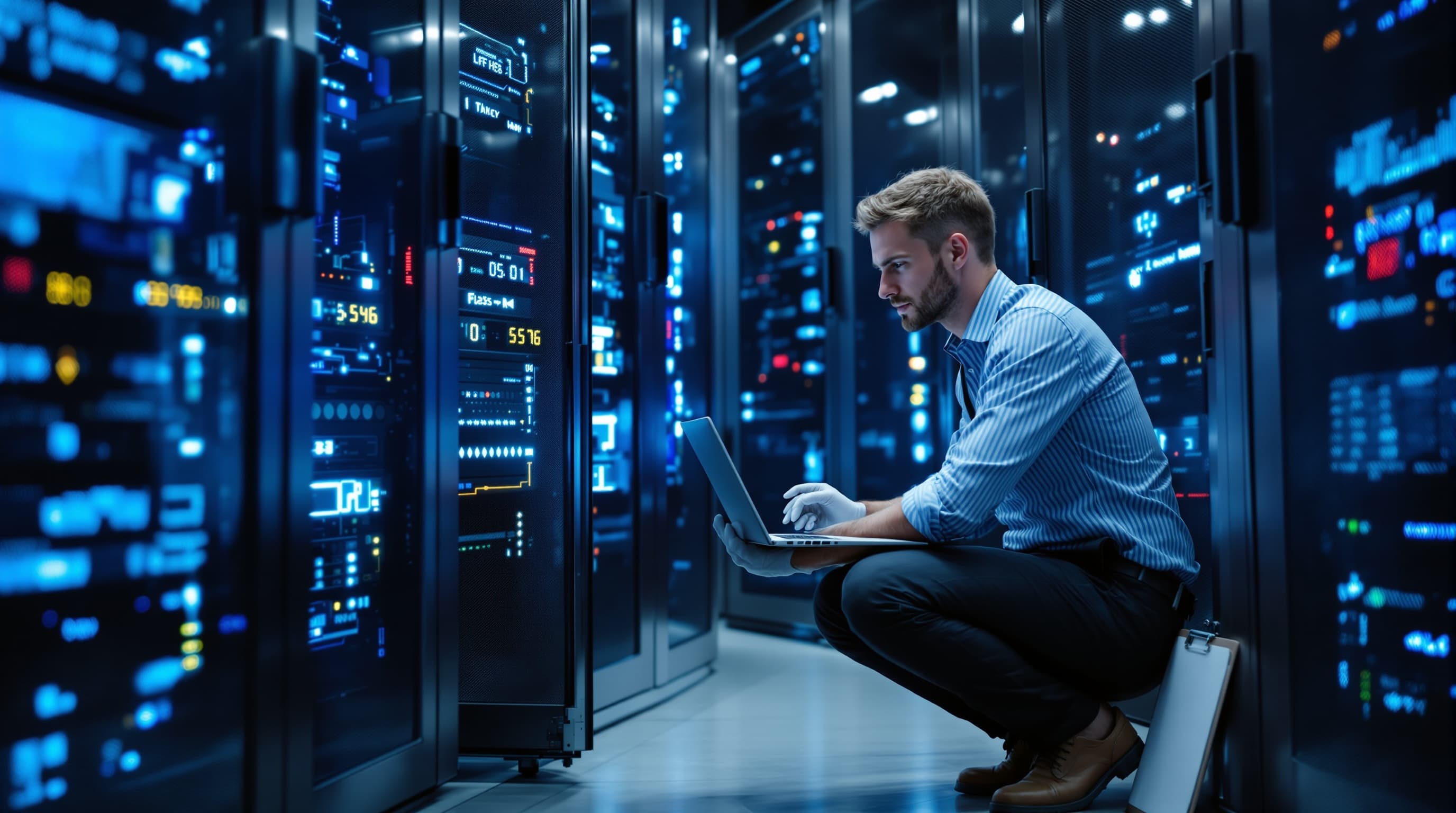 An IT specialist checking the state of the systems at the rack with a notebook