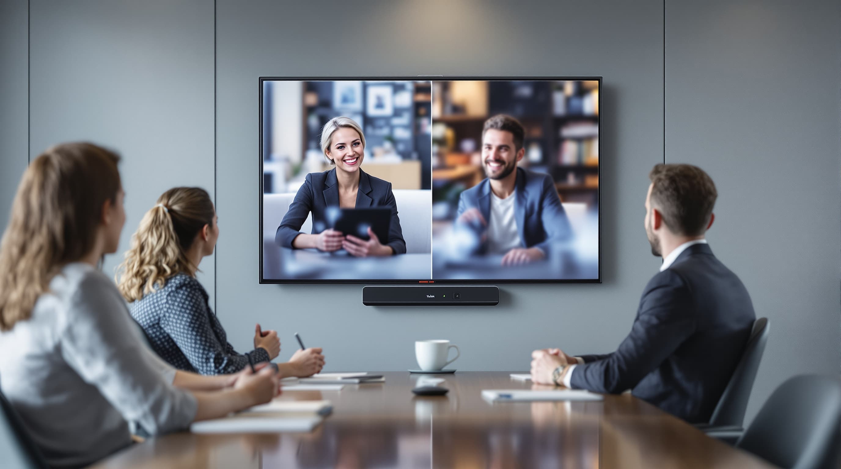 Hybride Besprechung mit Videobar und zugeschalteten Teilnehmenden am Wanddisplay