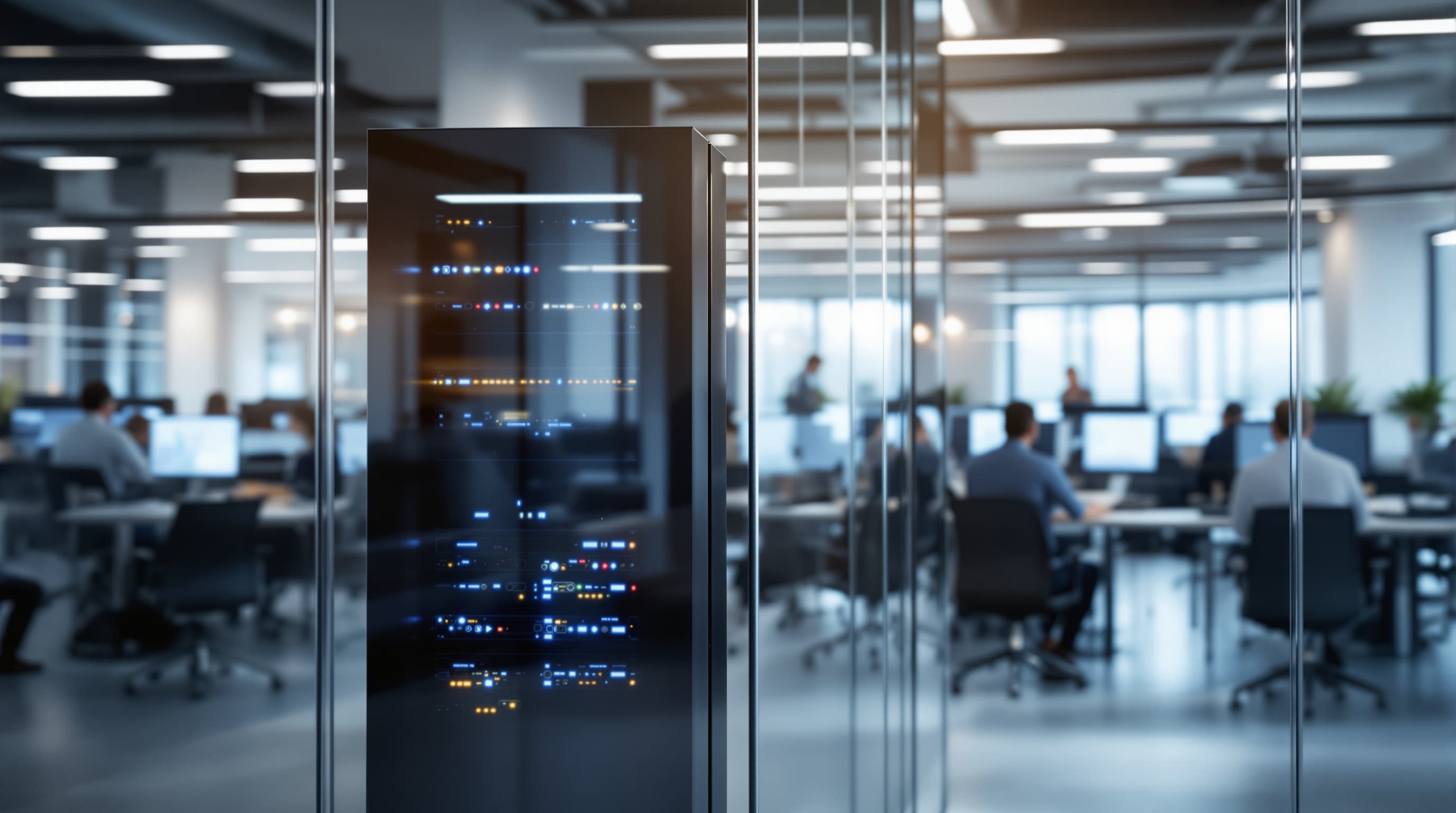 On-premises servers behind glass with the office beyond: hybrid infrastructure
