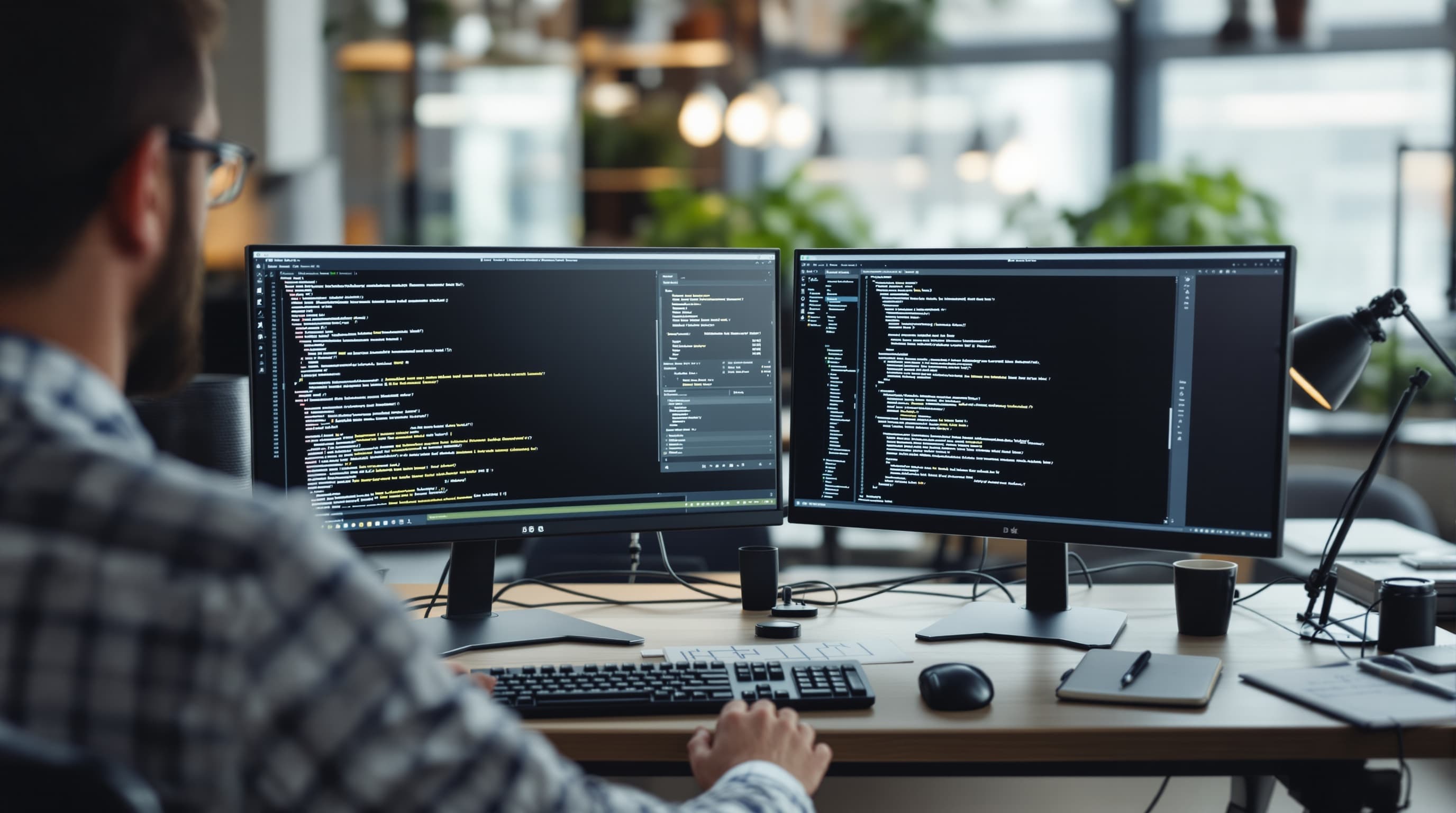 A software developer working on a custom application across two monitors