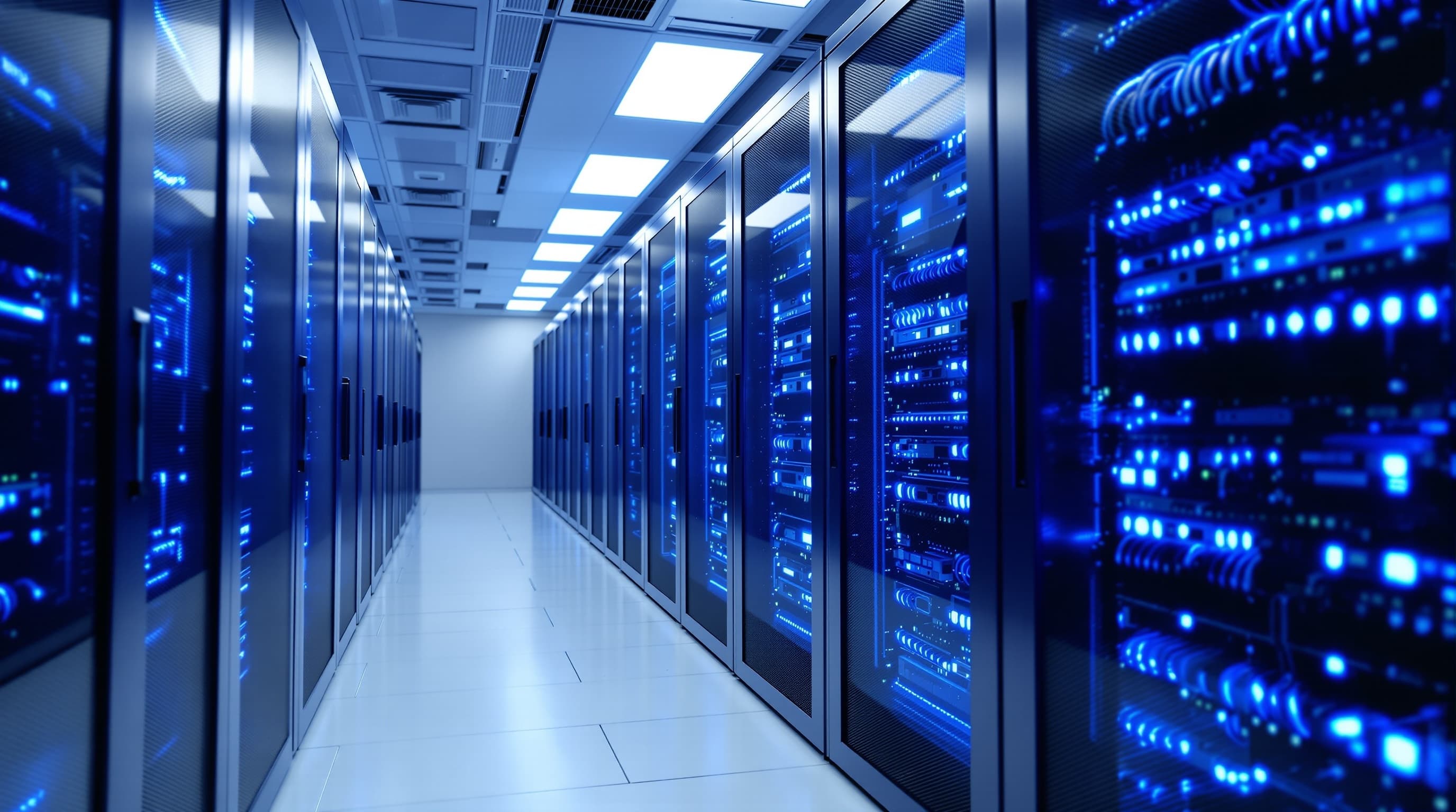 Moderner Serverraum mit sauber verkabelten Racks und blauem Licht