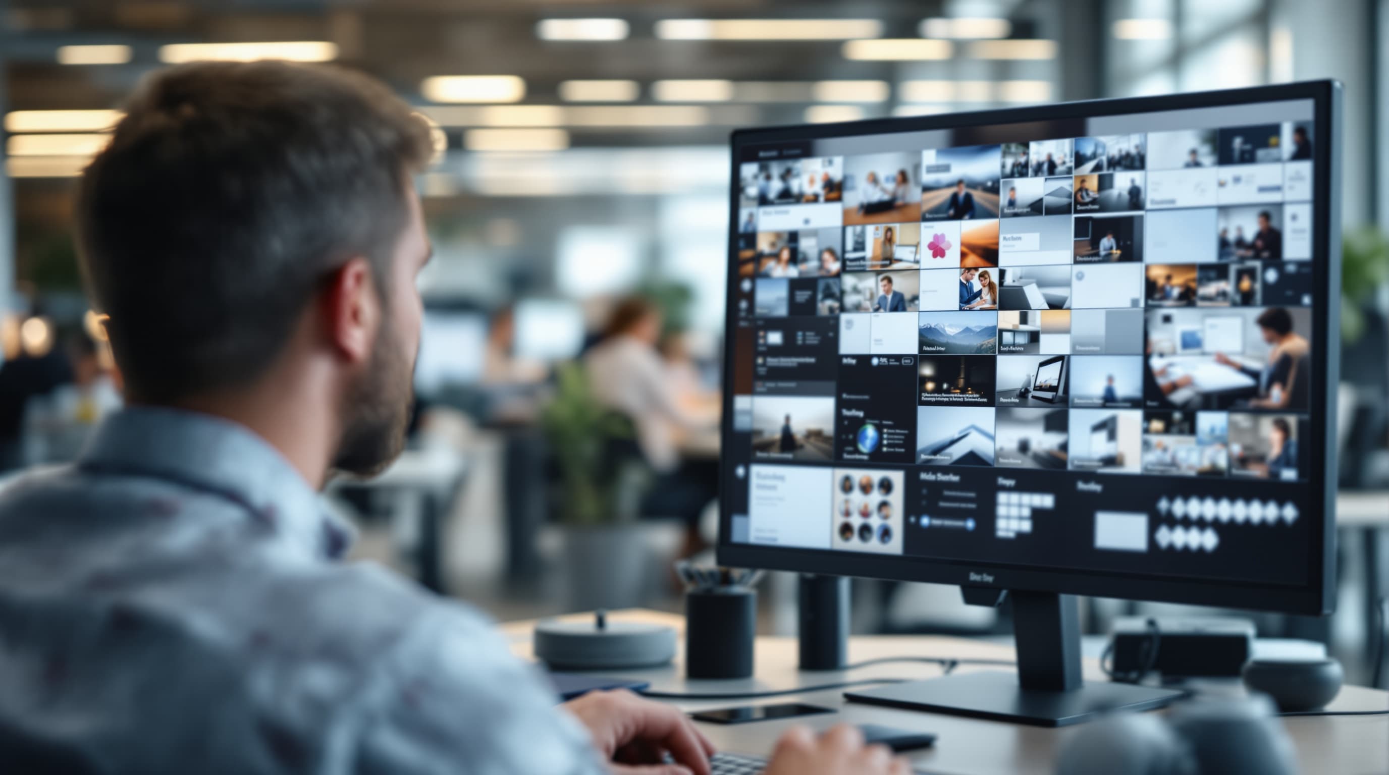 Fachkraft arbeitet im Großraumbüro am zentralen Intranet des Unternehmens