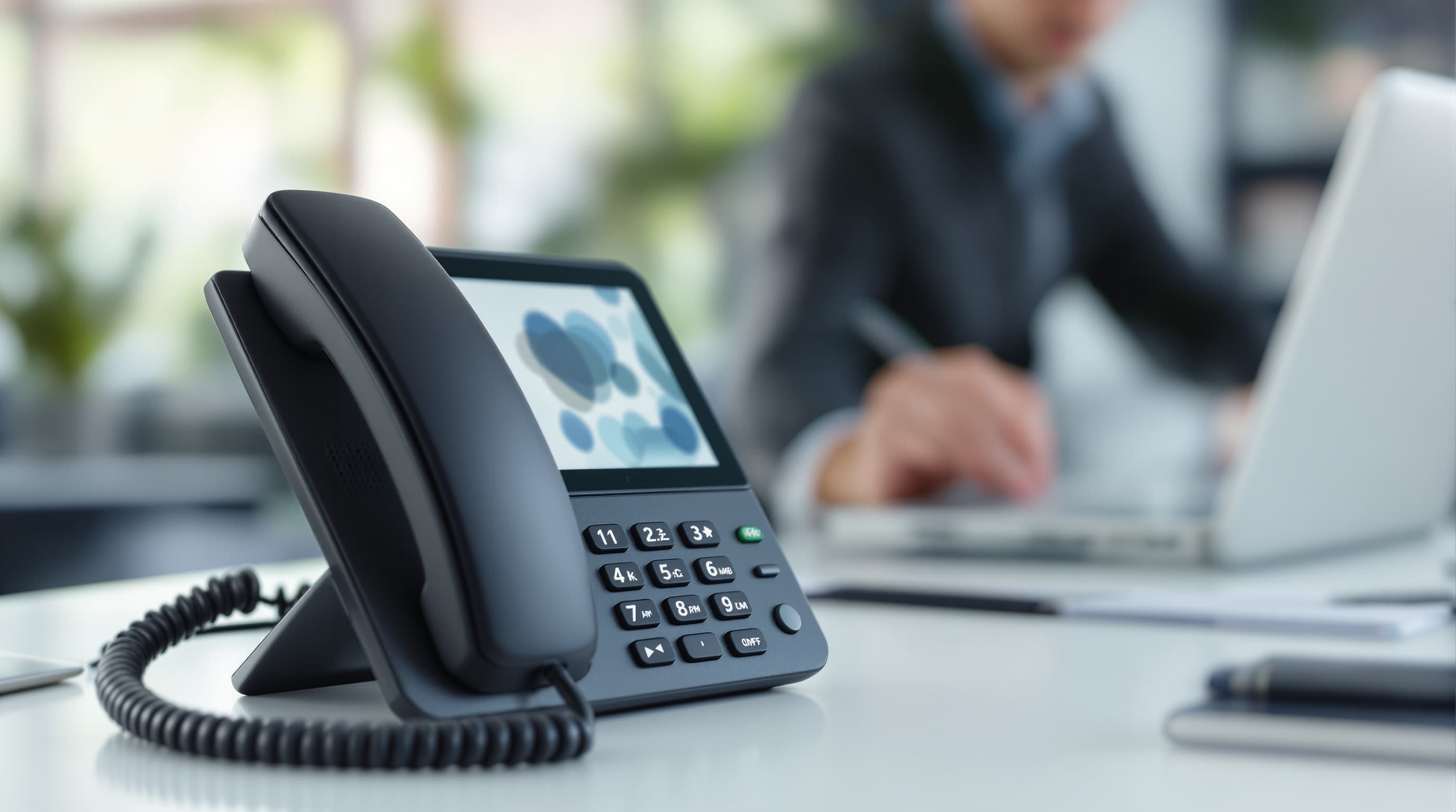 Modernes IP-Tischtelefon am Arbeitsplatz, dahinter das Notebook