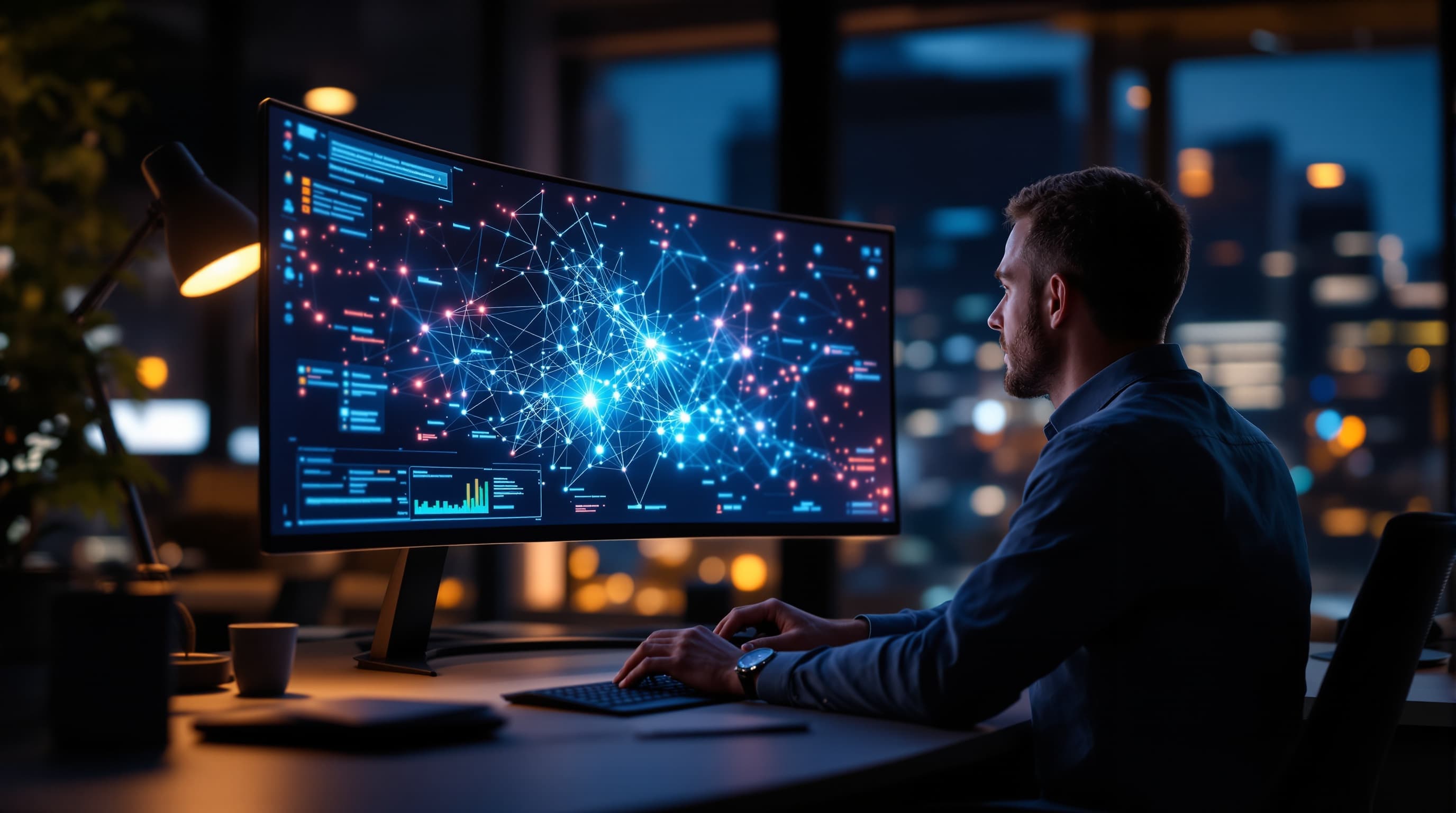 IT-Fachkraft verfolgt am Ultrawide-Monitor die Abläufe mehrerer KI-Agenten