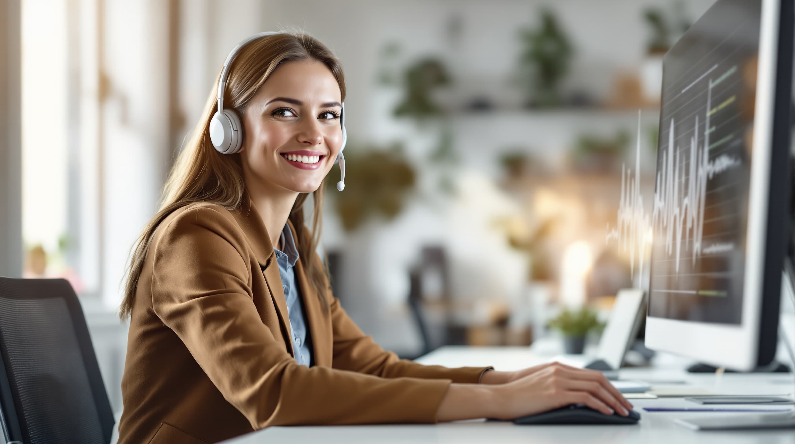 A person with a headset at a modern workplace