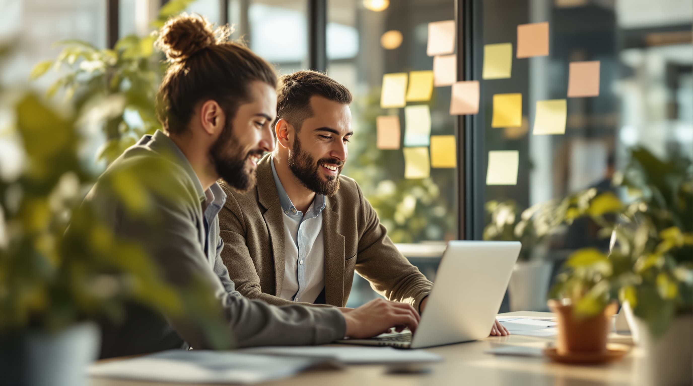 Zwei Personen arbeiten gemeinsam am Laptop in einem hellen Büro