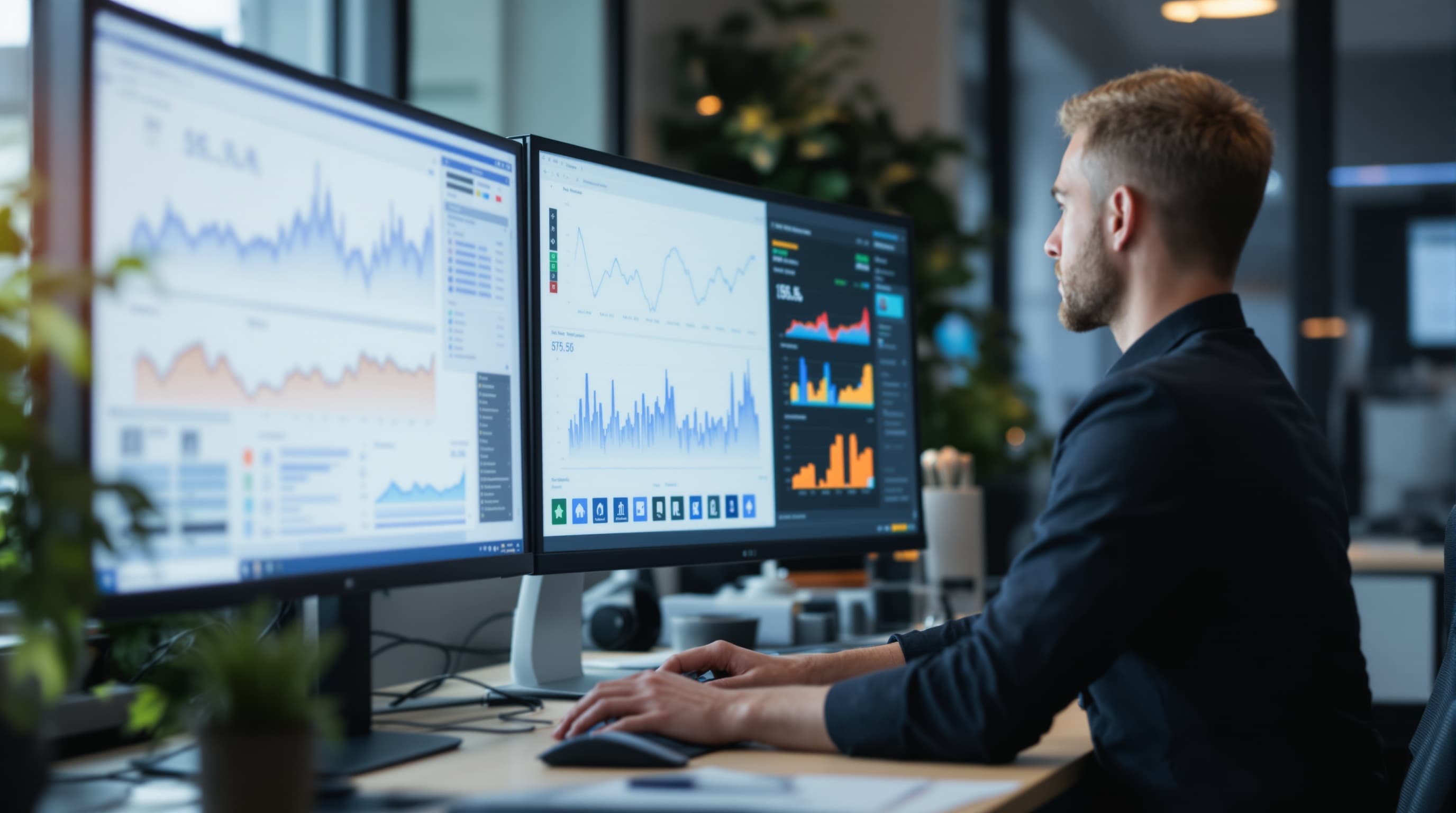 An IT specialist monitoring systems on two screens in a modern office