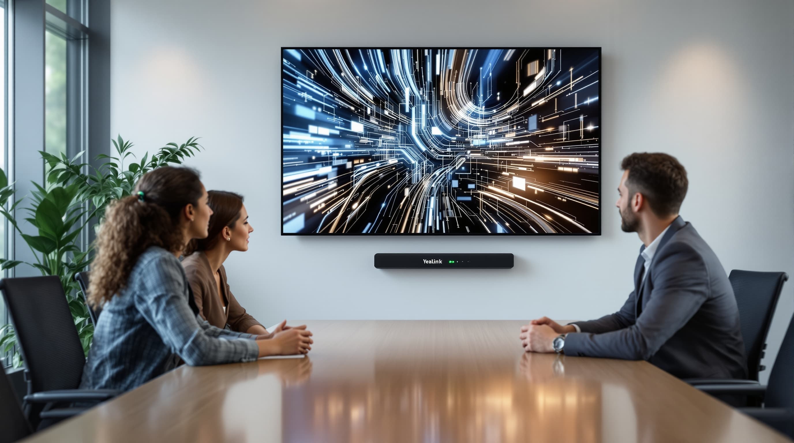 A modern meeting room with a Yealink video bar and wall display