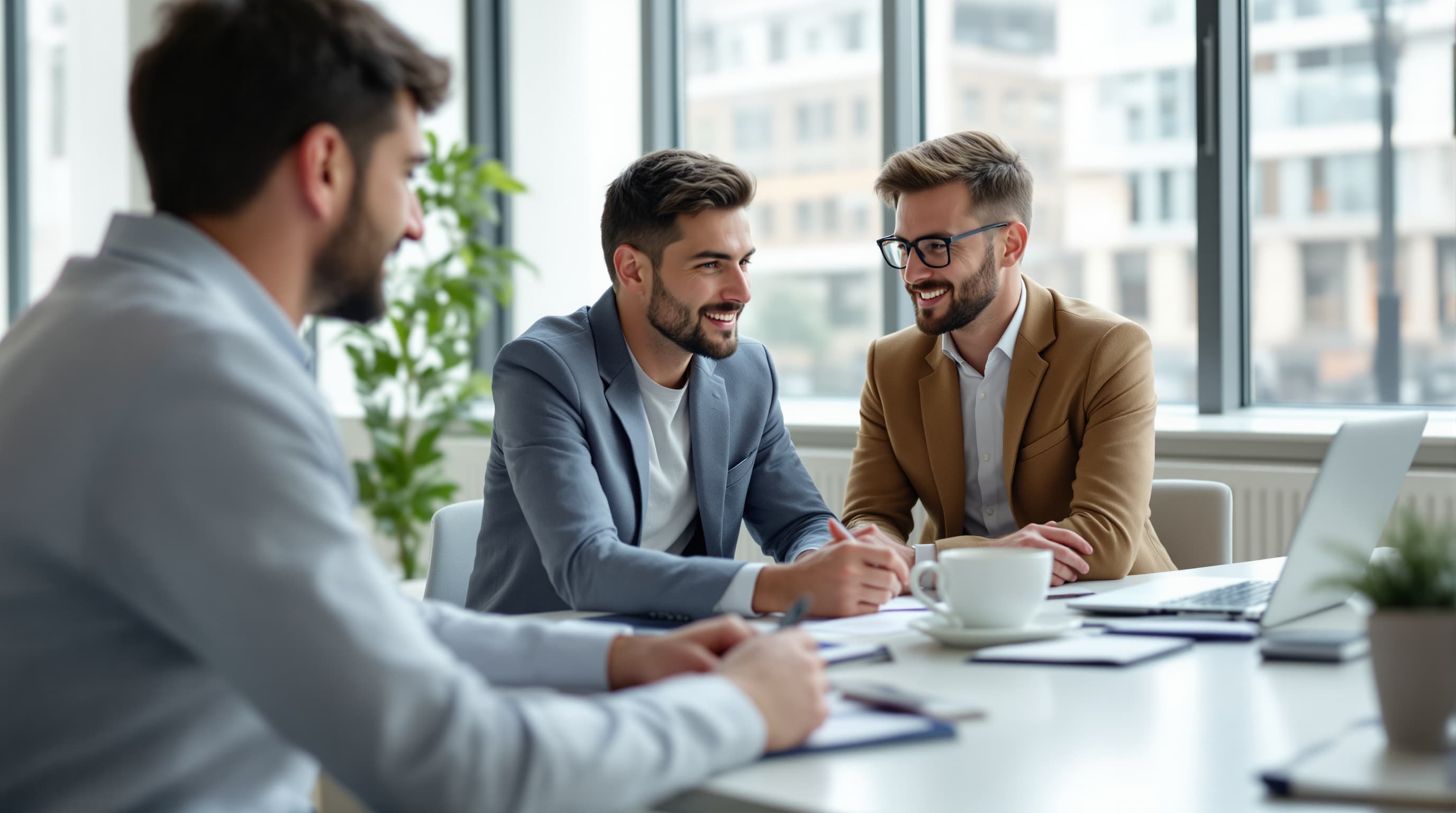 Mehrere Personen arbeiten in einem modernen Büro mit Microsoft 365 und Teams