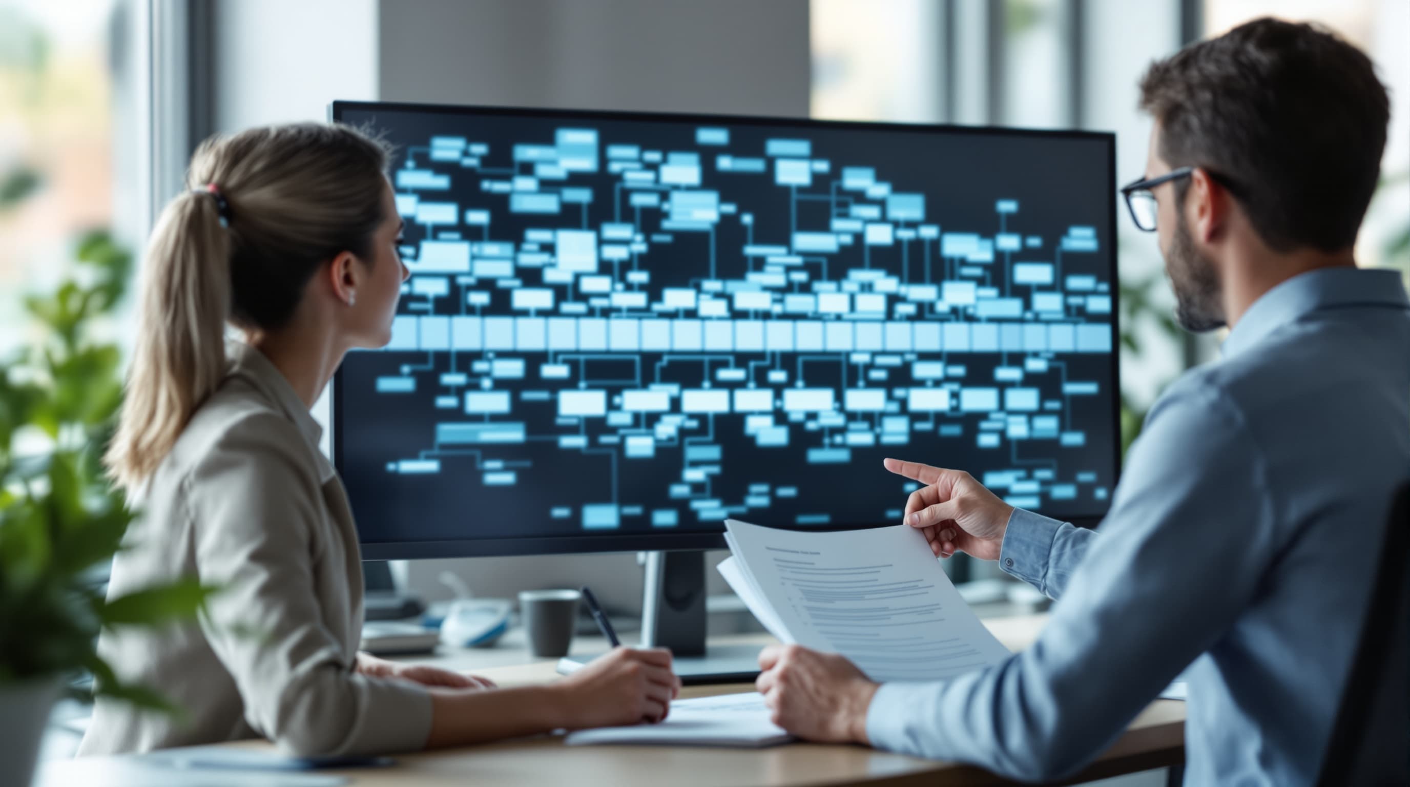 Two specialists going through the migration schedule step by step
