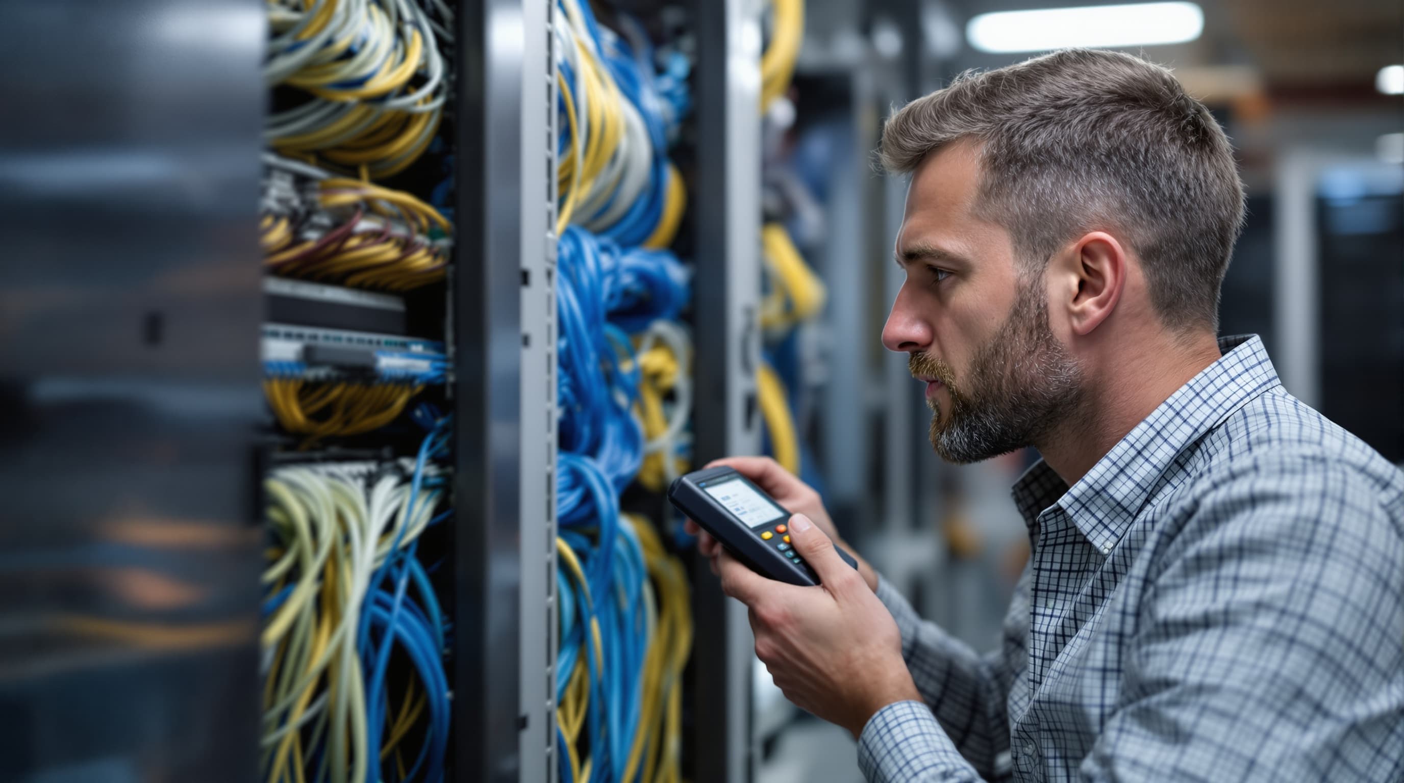 IT-Fachkraft sucht mit dem Messgerät am Netzwerkschrank die Ursache