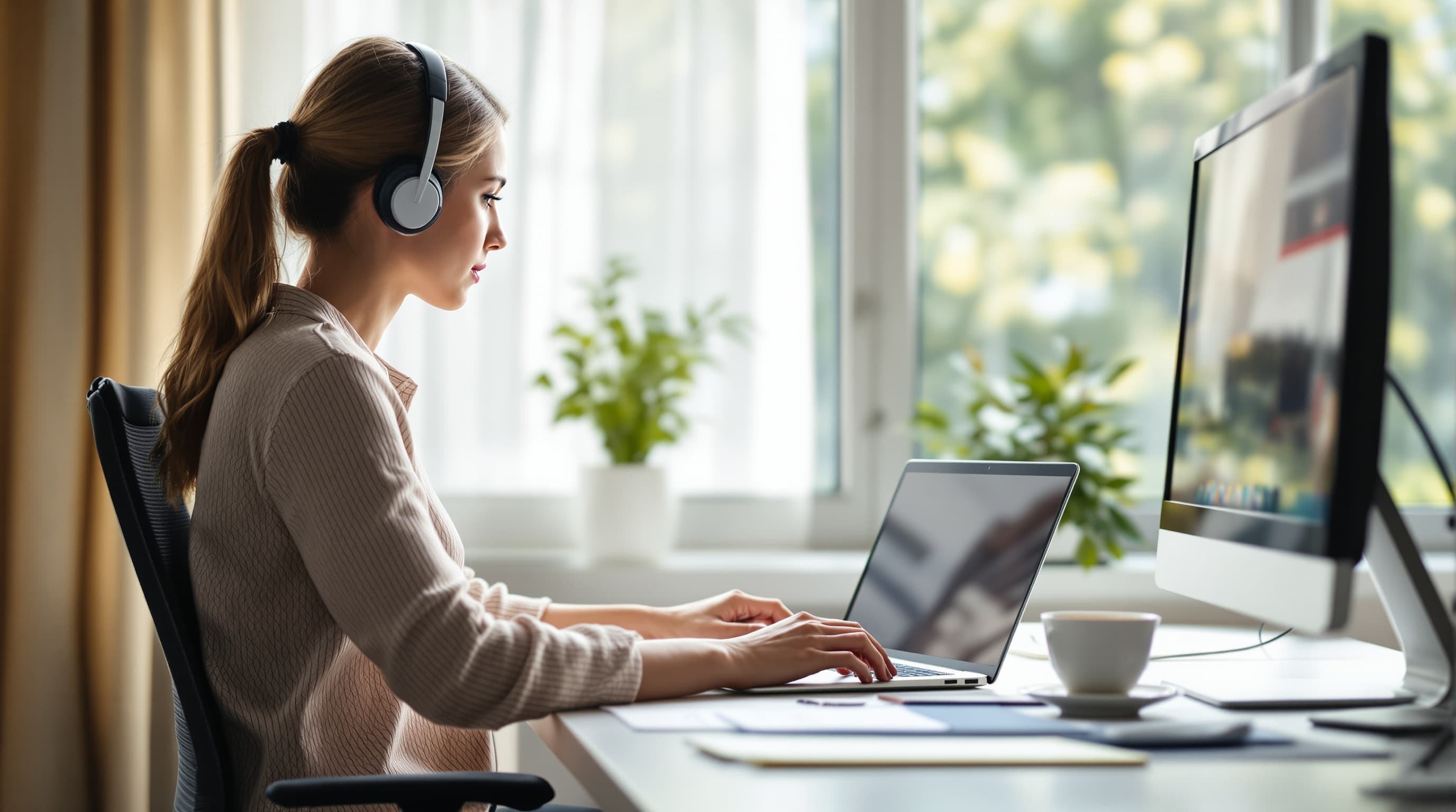 Fachkraft arbeitet mit Headset am Fensterplatz an Mail und Kalender