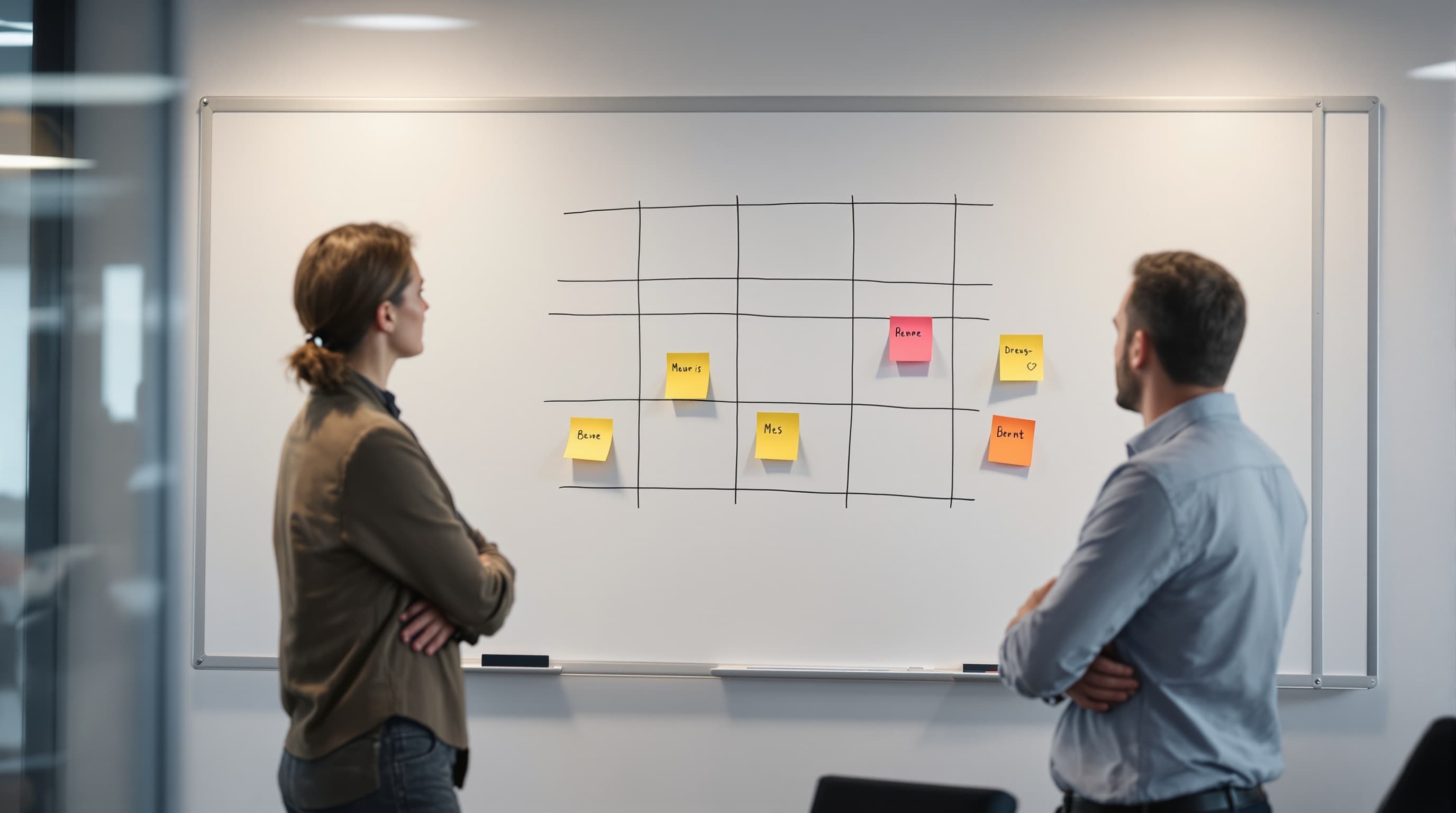 Risks being placed in a matrix on the whiteboard during a workshop