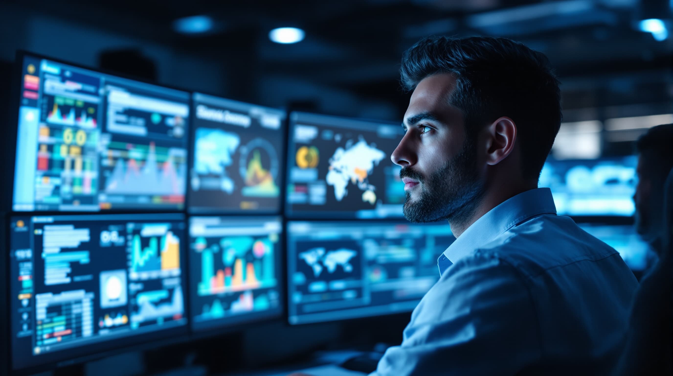 IT-Security-Analyst im Security Operations Center mit mehreren Monitoren