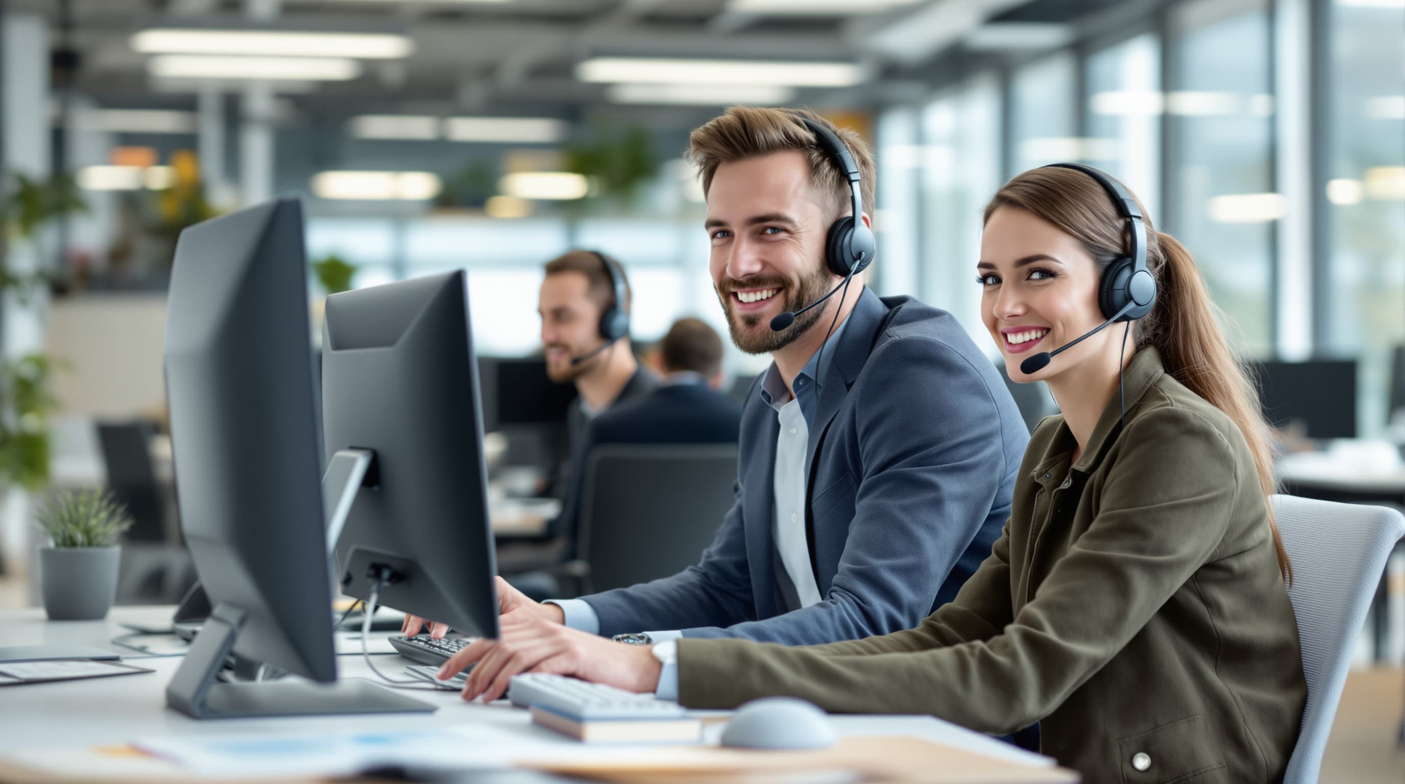 Mehrere Personen mit Headsets in einem hellen Büro