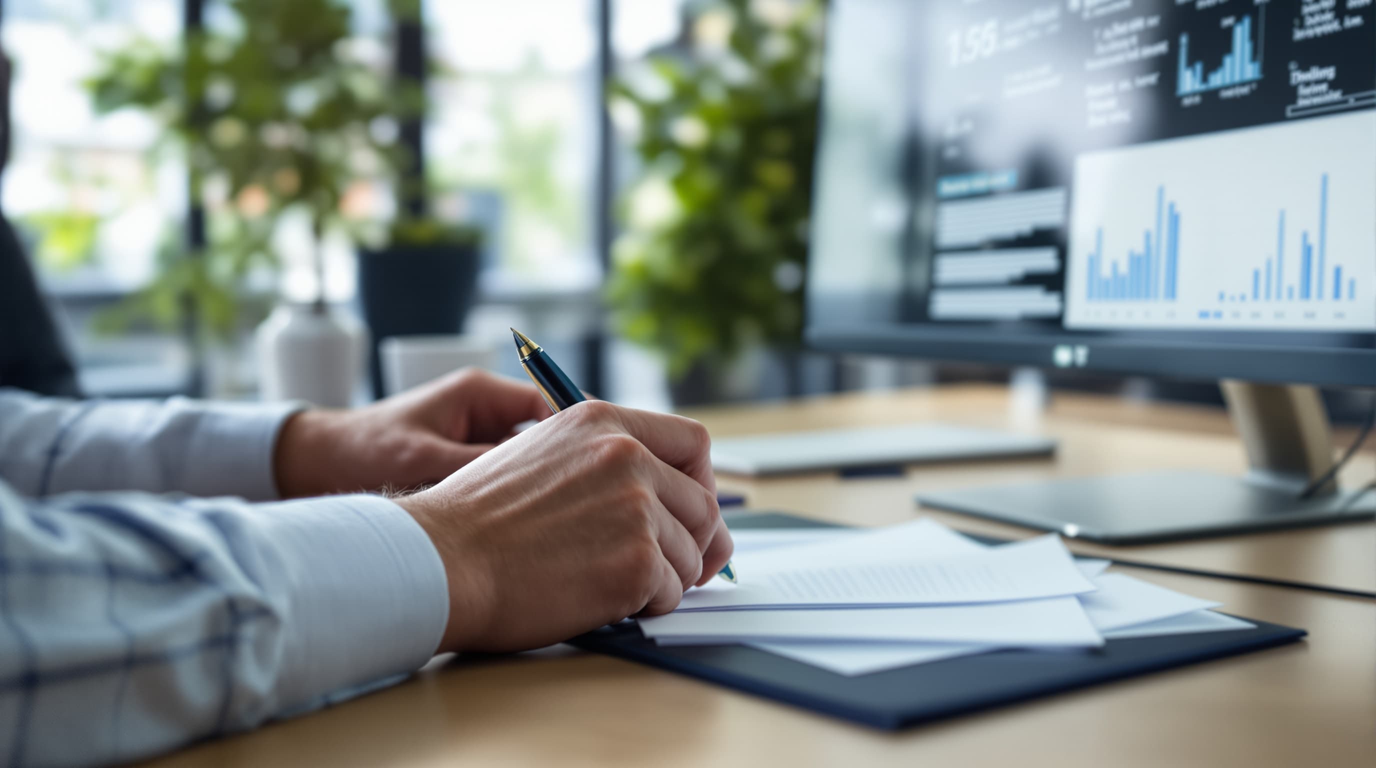 Arbeitsplatz mit Briefbogen und Visitenkarten neben dem Bildschirm