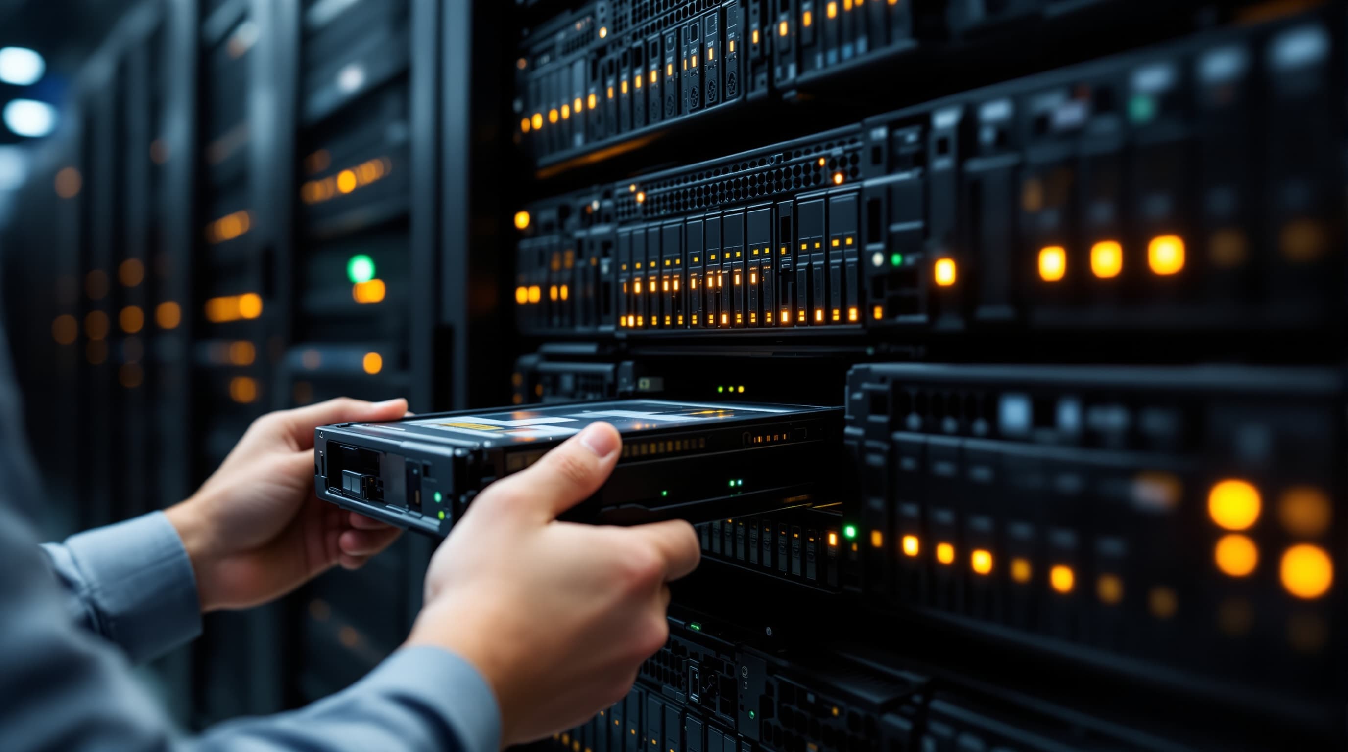 Technikerhände ziehen einen Laufwerksträger aus dem Storage-Array