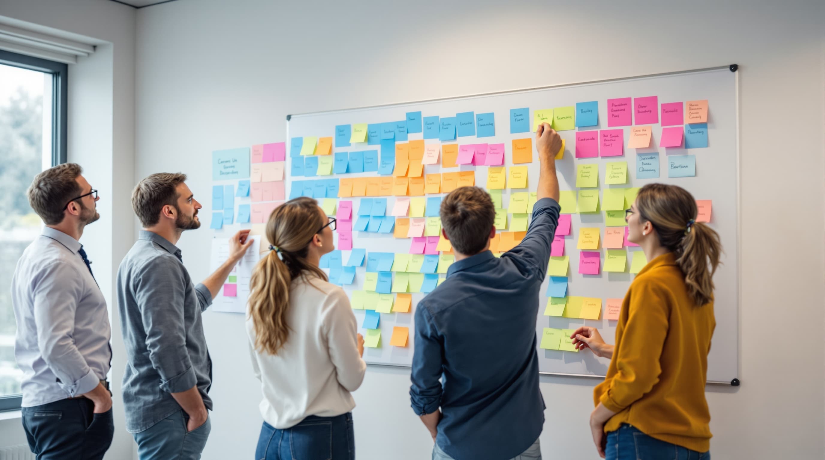 Team ordnet Aufgaben in Spalten an einem Board mit farbigen Haftnotizen