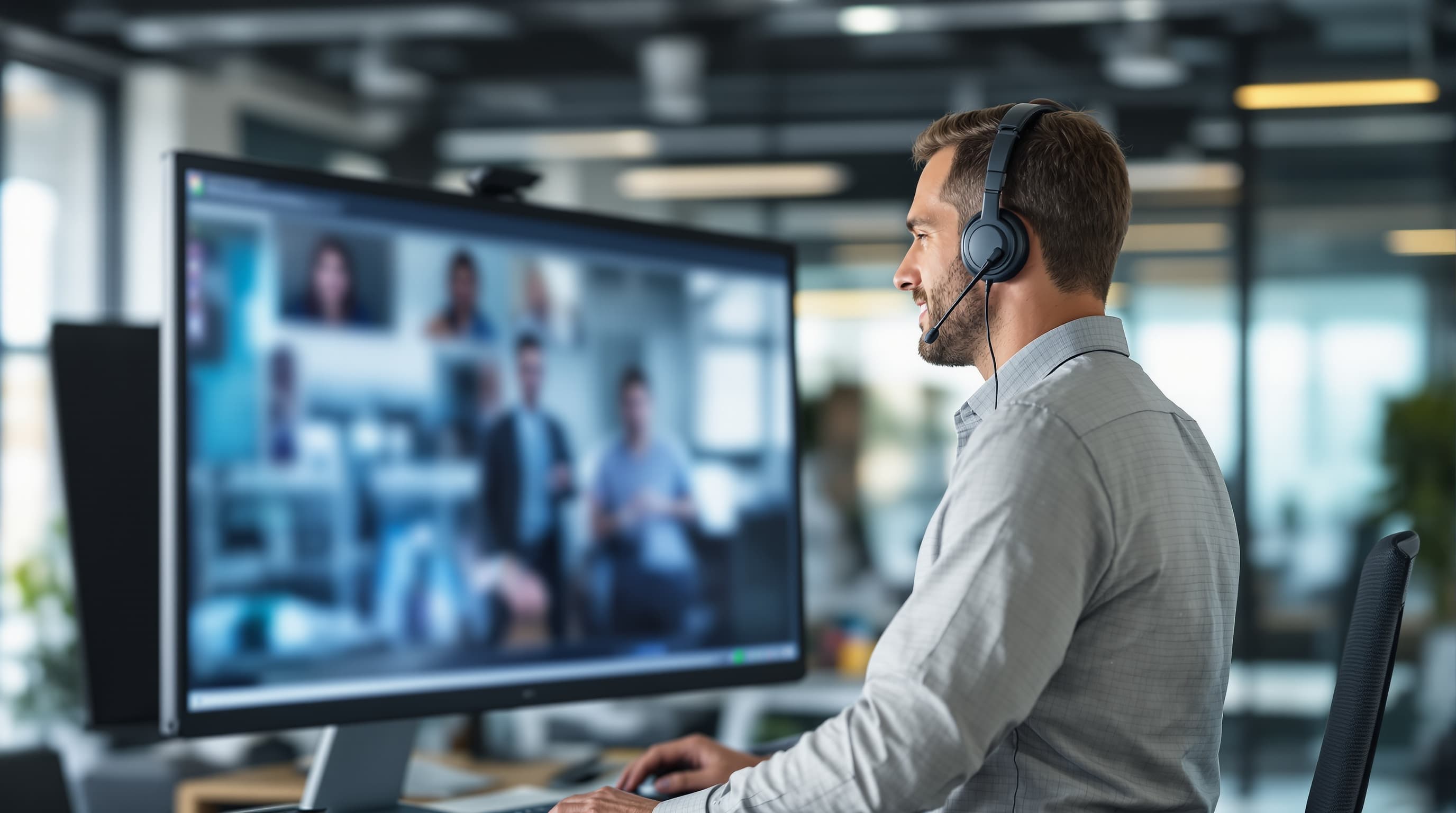 A person in a Microsoft Teams video call at a standing desk