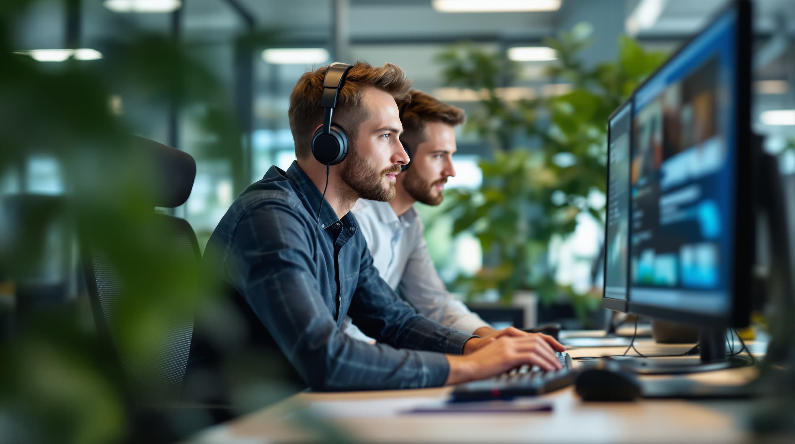 Zwei IT-Fachkräfte priorisieren gemeinsam offene Tickets am Monitor