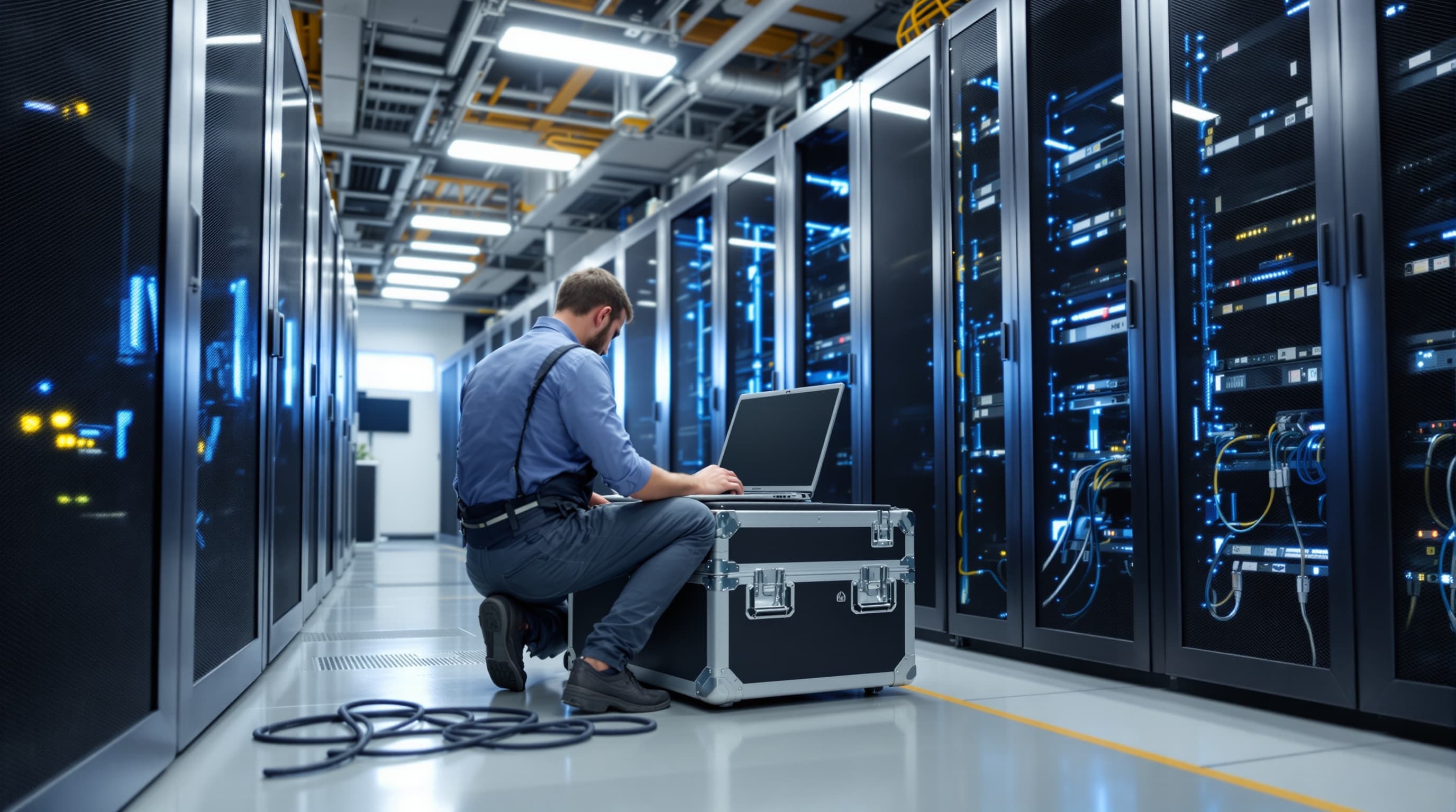 An IT specialist documenting the rebuild of a half-cleared server room