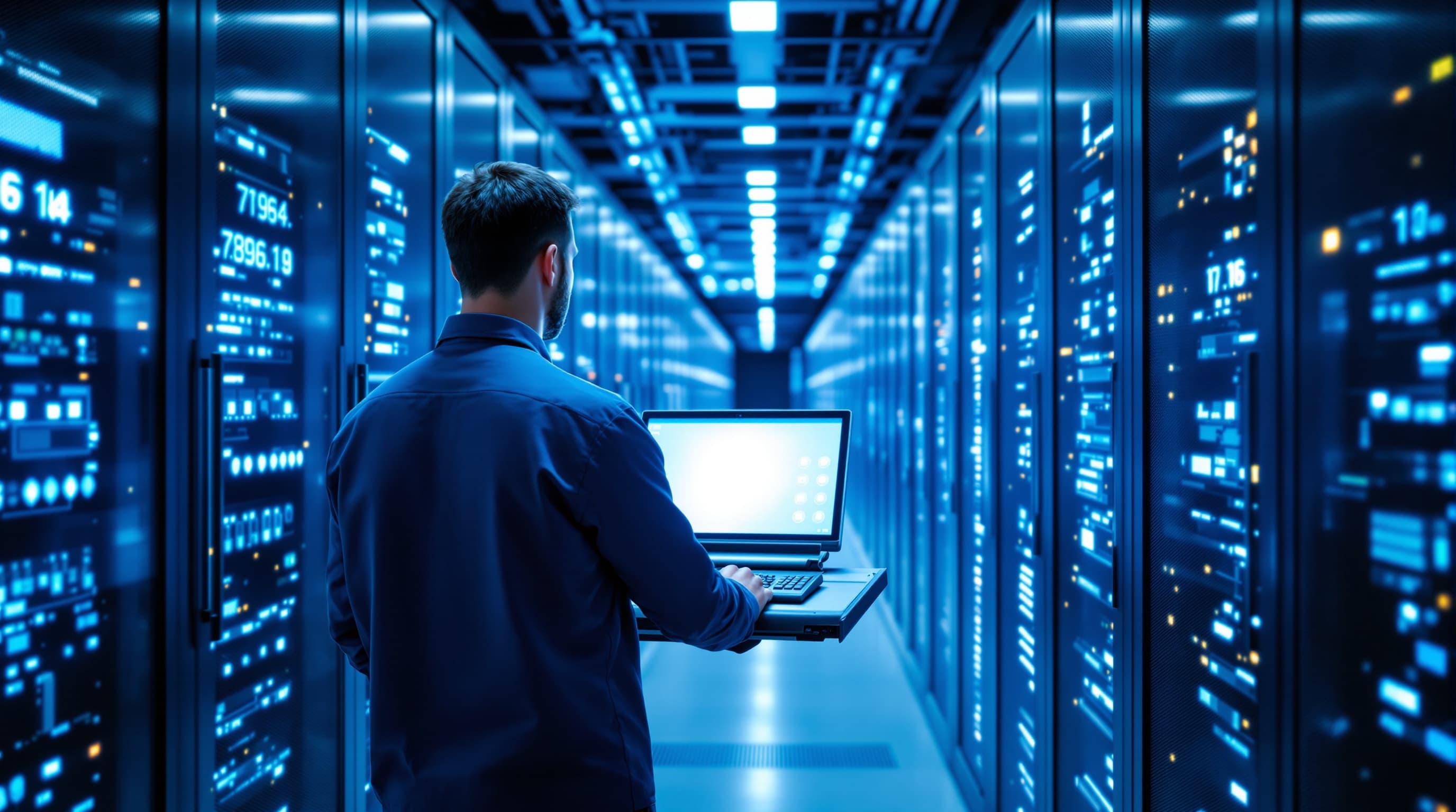 IT-Fachkraft arbeitet an der Konsole im Servergang