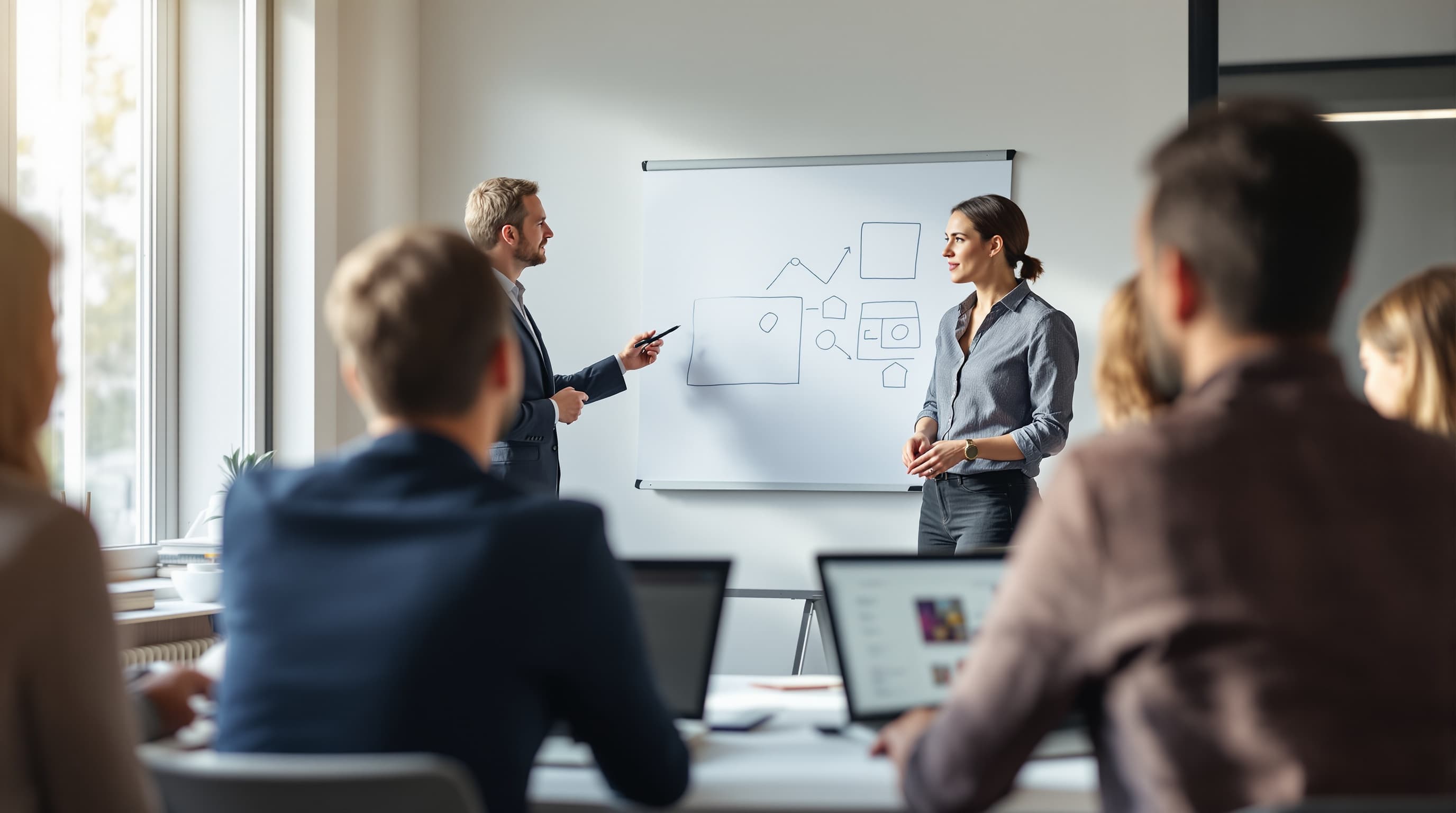 Workshop am Whiteboard: Moderation erklärt, fünf Teilnehmende hören zu