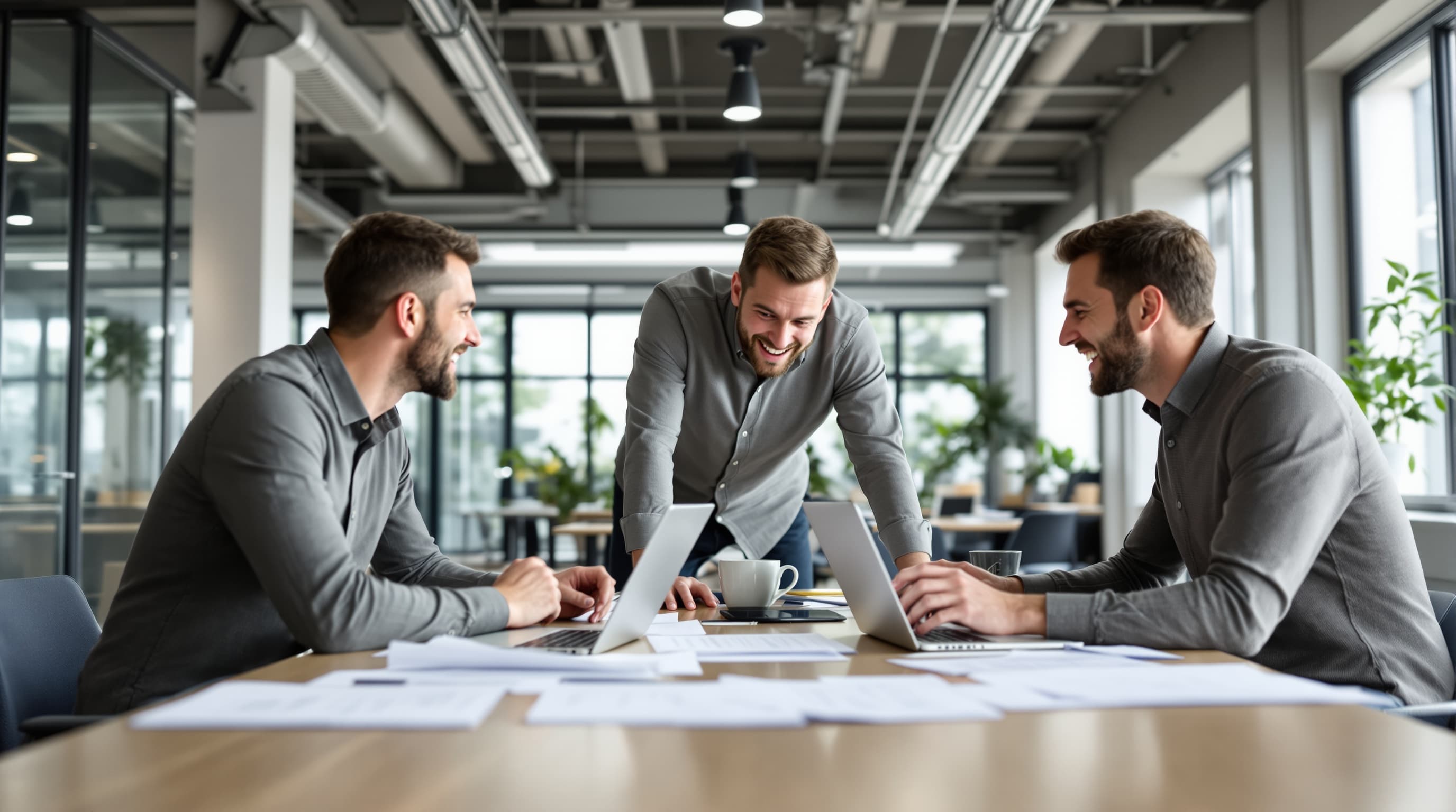 Three people working on a project at a shared table