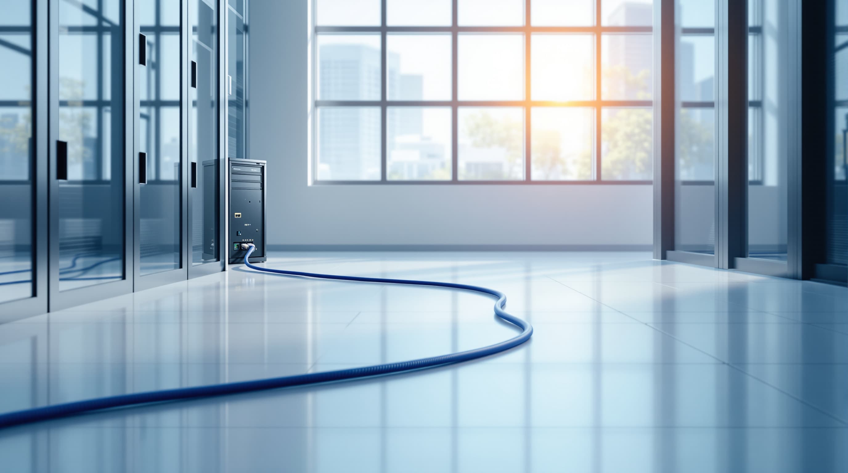 A glazed corridor in an office building, a server room lit in blue beyond it
