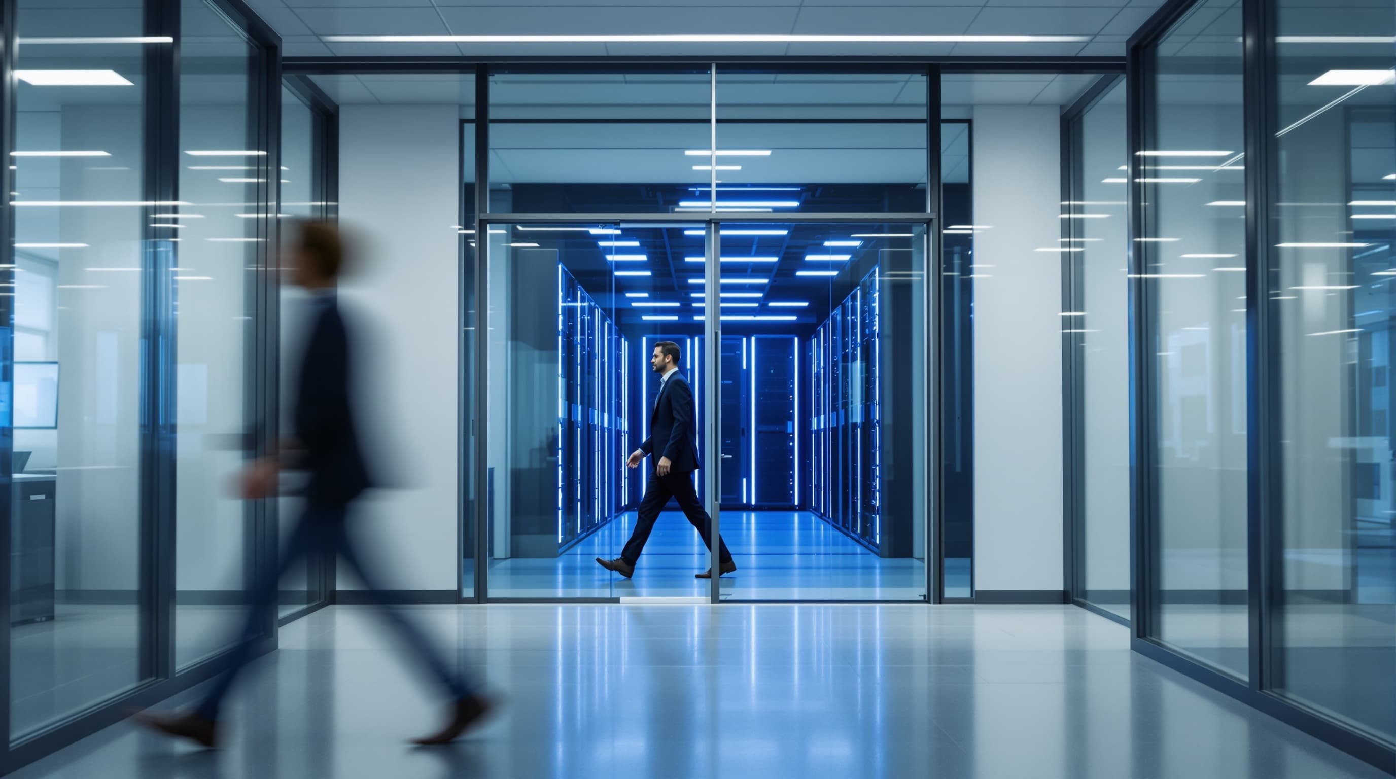 A view through a glass door into a server room, with a person walking past in front