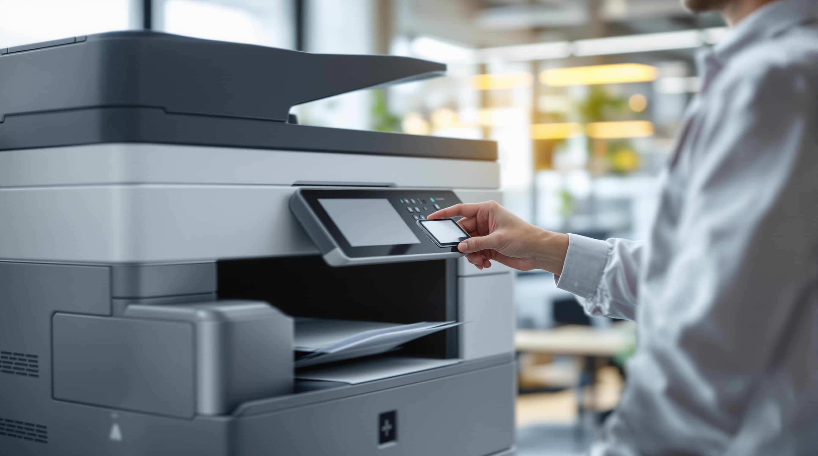 A hand at the control panel of a modern multifunction printer in an office