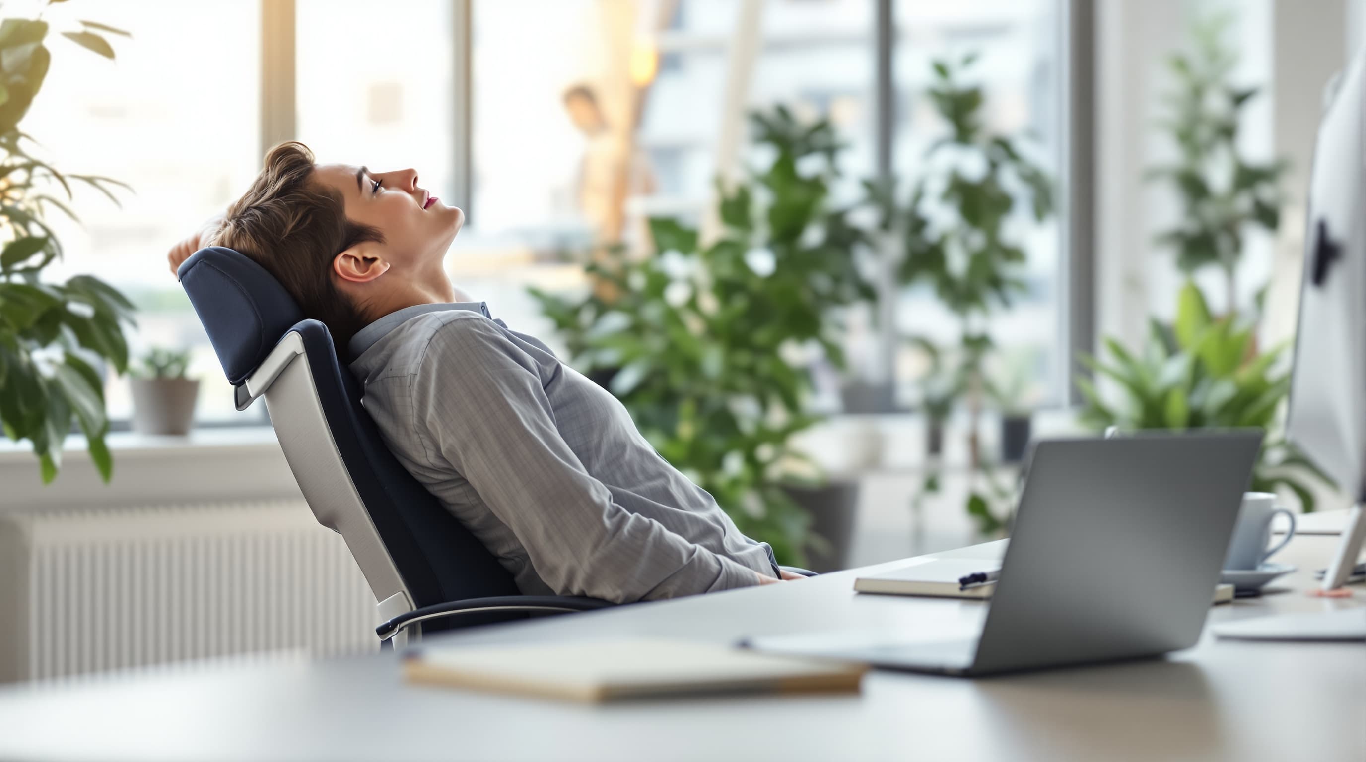Person lehnt sich am Arbeitsplatz nachdenklich im Bürostuhl zurück, davor Laptop und Notizbuch