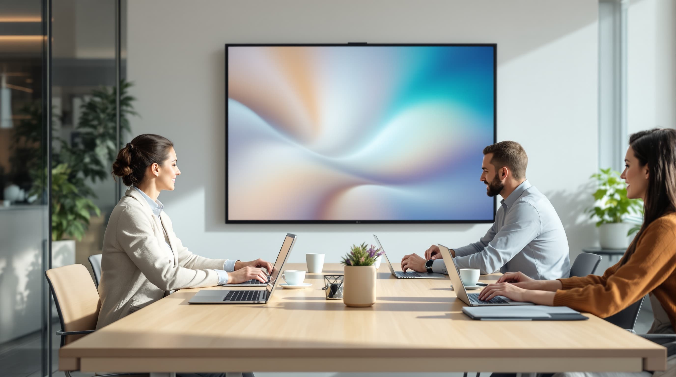 Drei Personen mit Laptops am Besprechungstisch, im Hintergrund ein großer Wandbildschirm