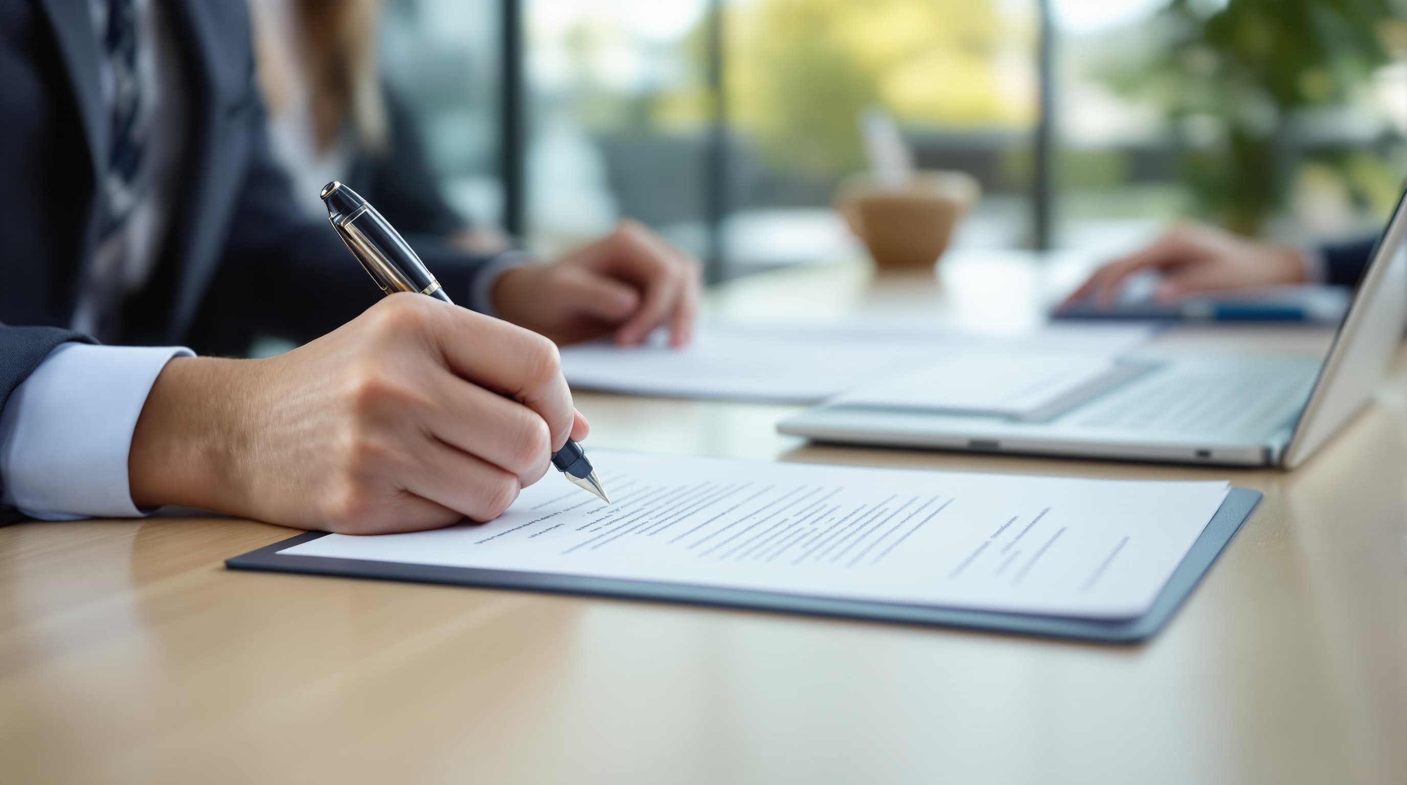 Two people at a meeting table, one signing a document