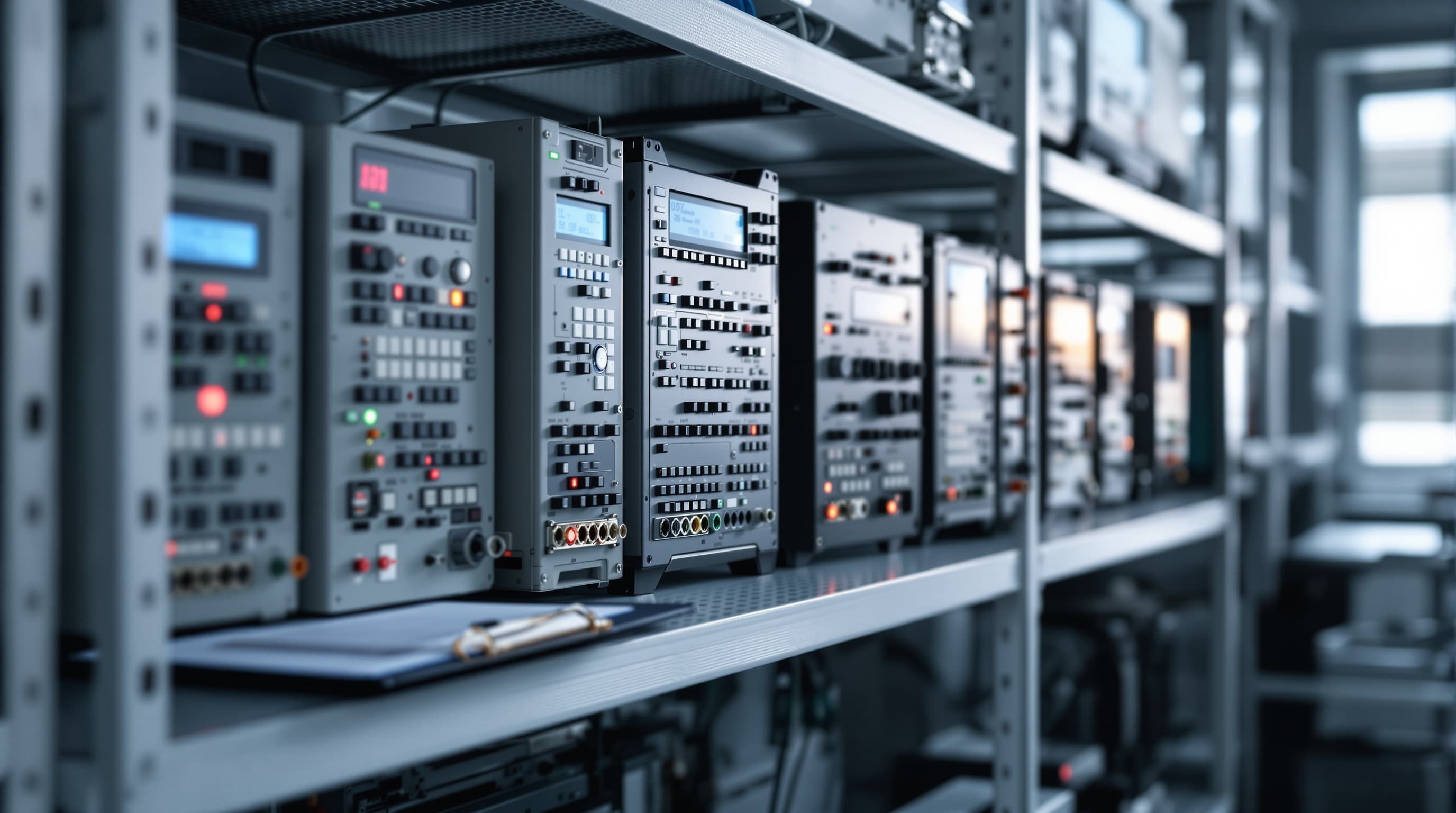 A shelf holding control devices of several generations side by side in a technical room