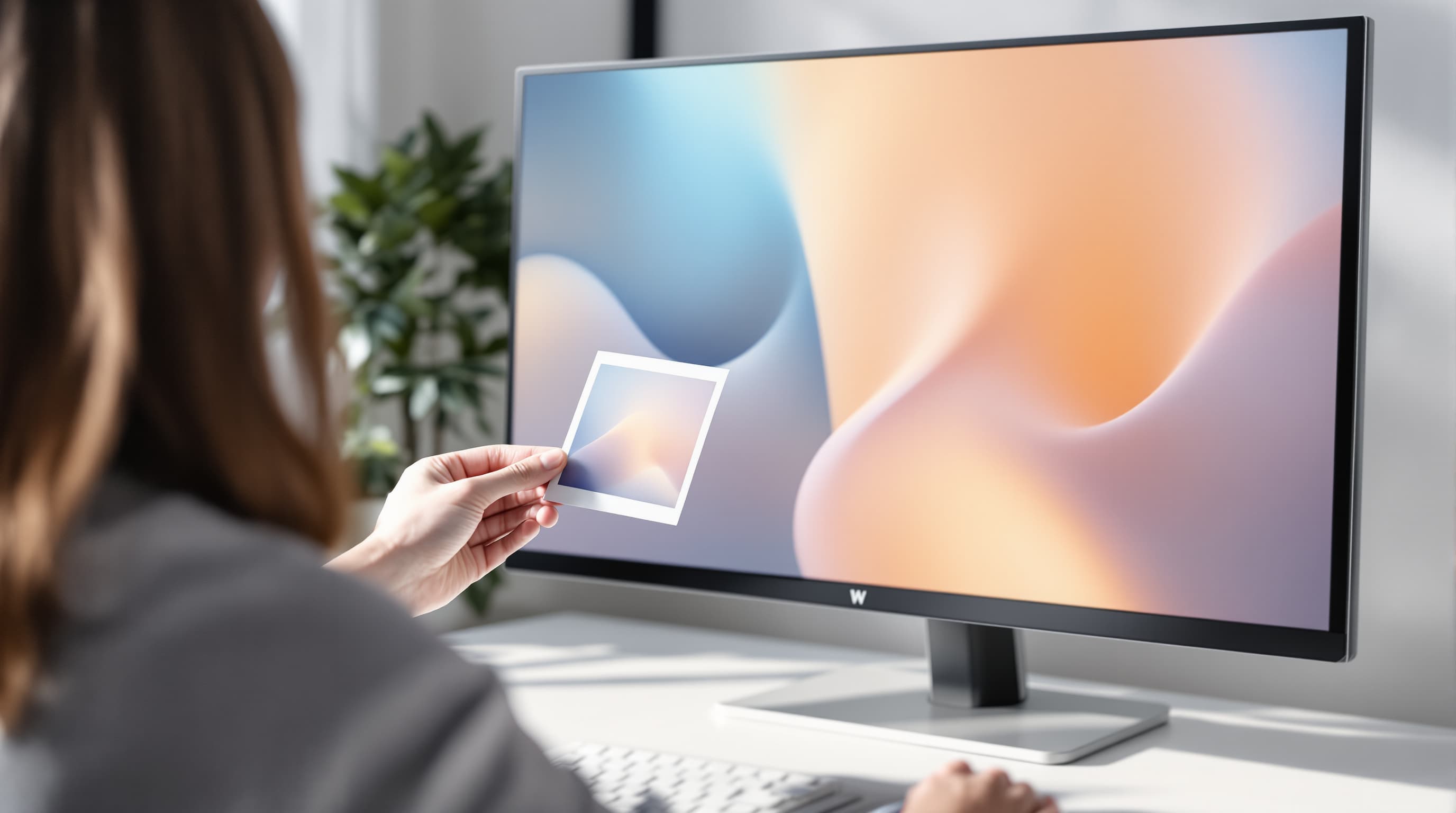 A person holding a small picture up to a monitor showing an abstract image