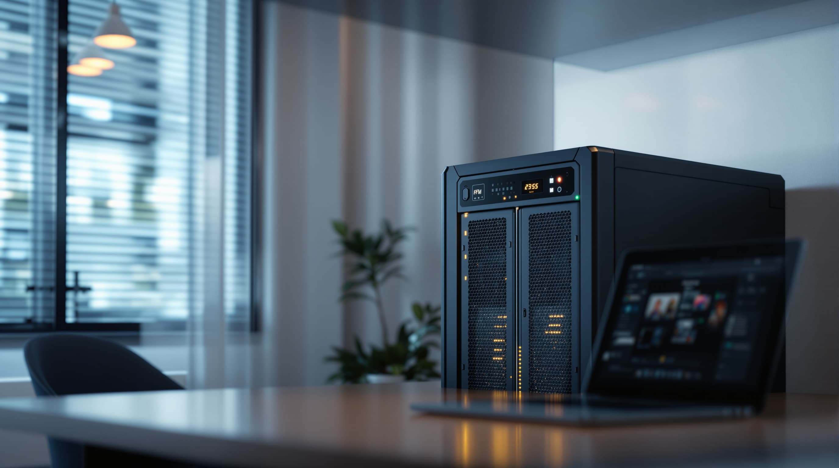 A compact server rack in an office side room with an open laptop beside it