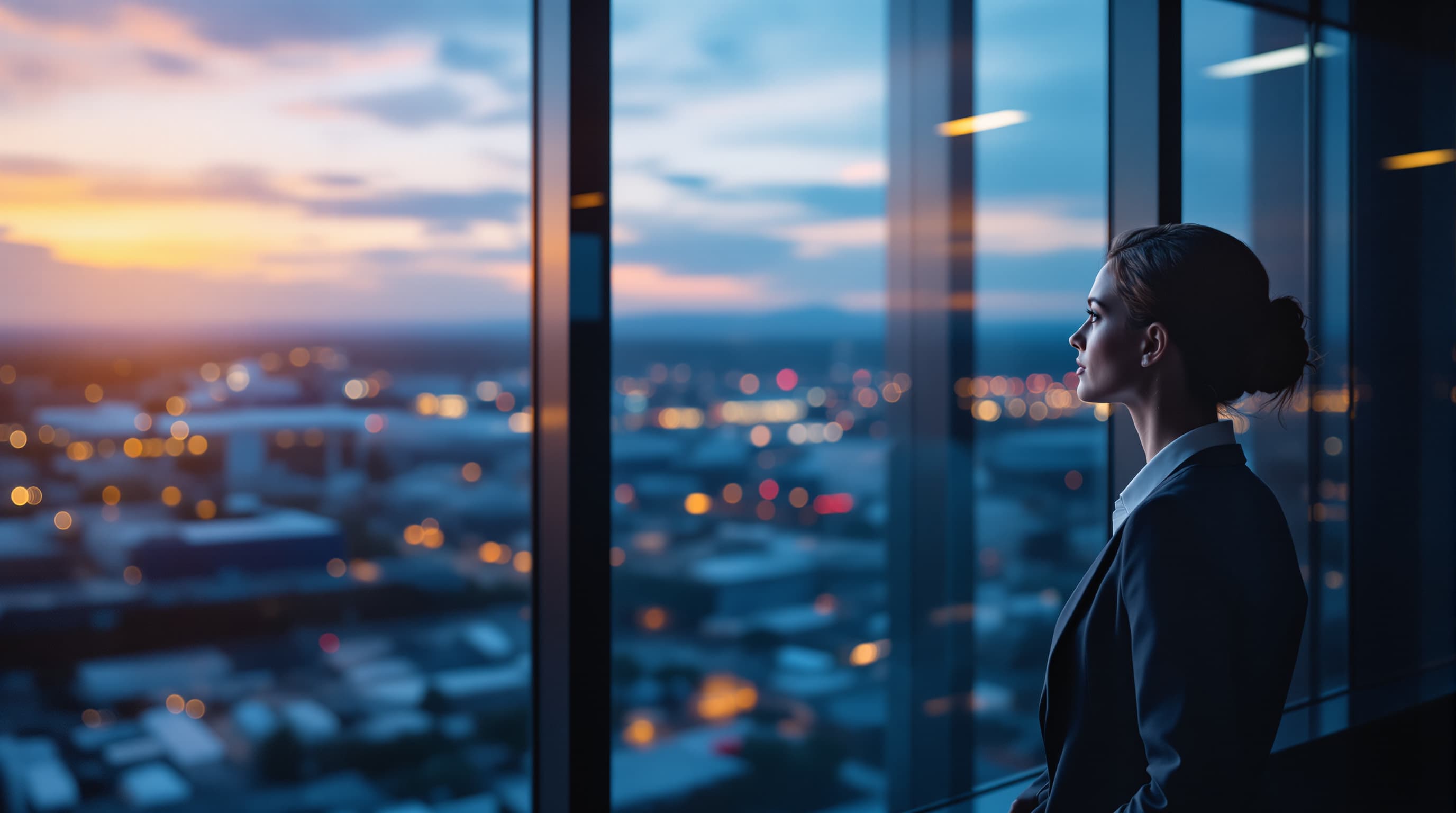 A person at an office window at dusk, city lights below